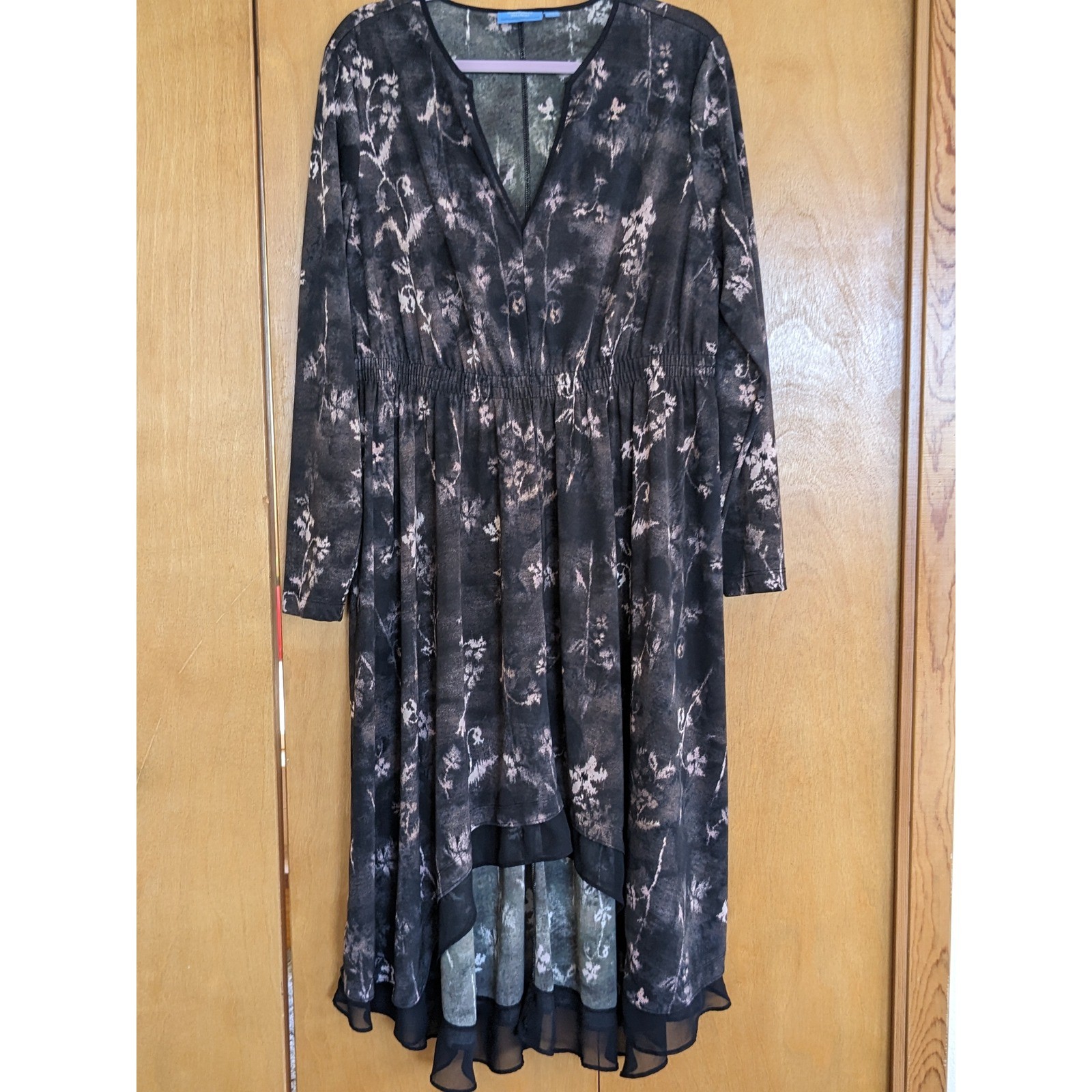 Simply Vera Vera Wang Floral High Low Midi Dress XL Black Pink Long Sleeve VNeck
