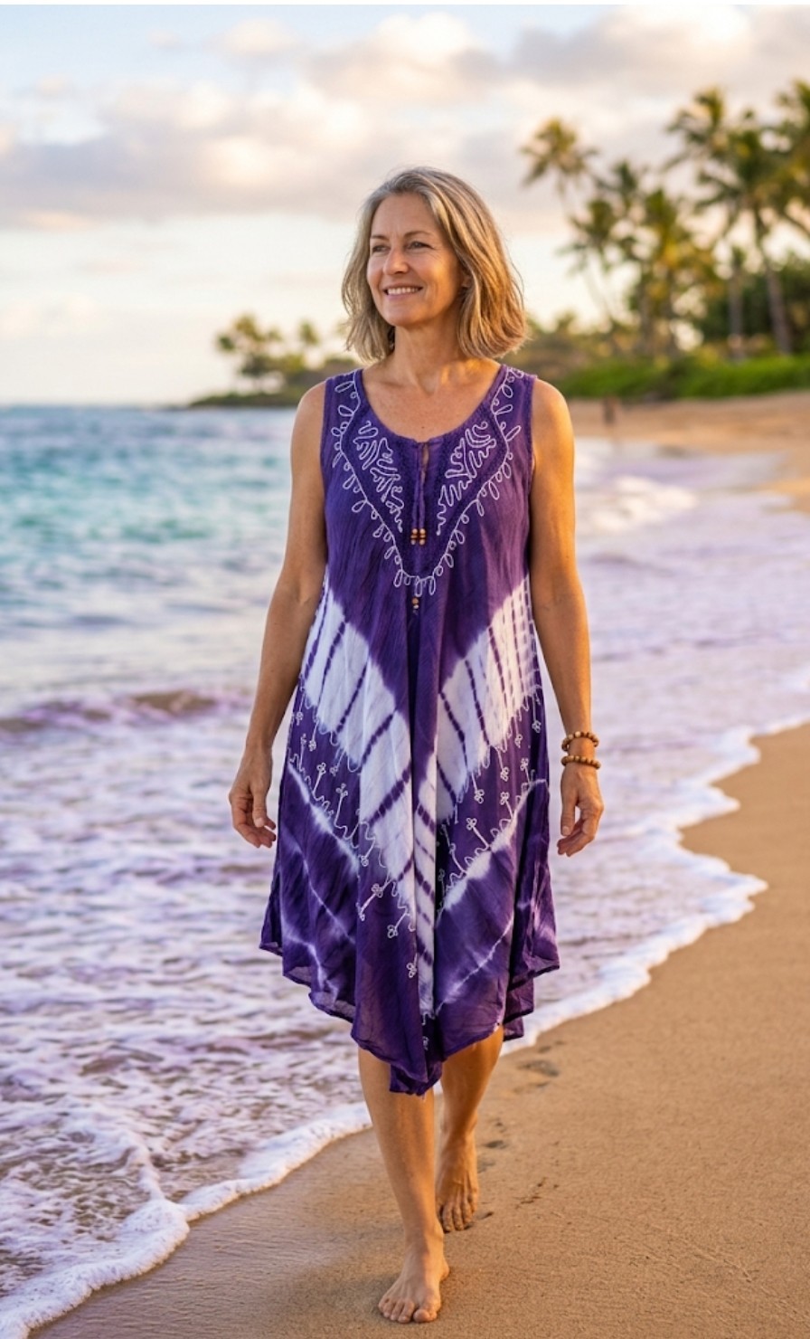 Women’s Tie Dye Boho Purple Embroidered Sundress ONE SIZE Casual Beach Dress