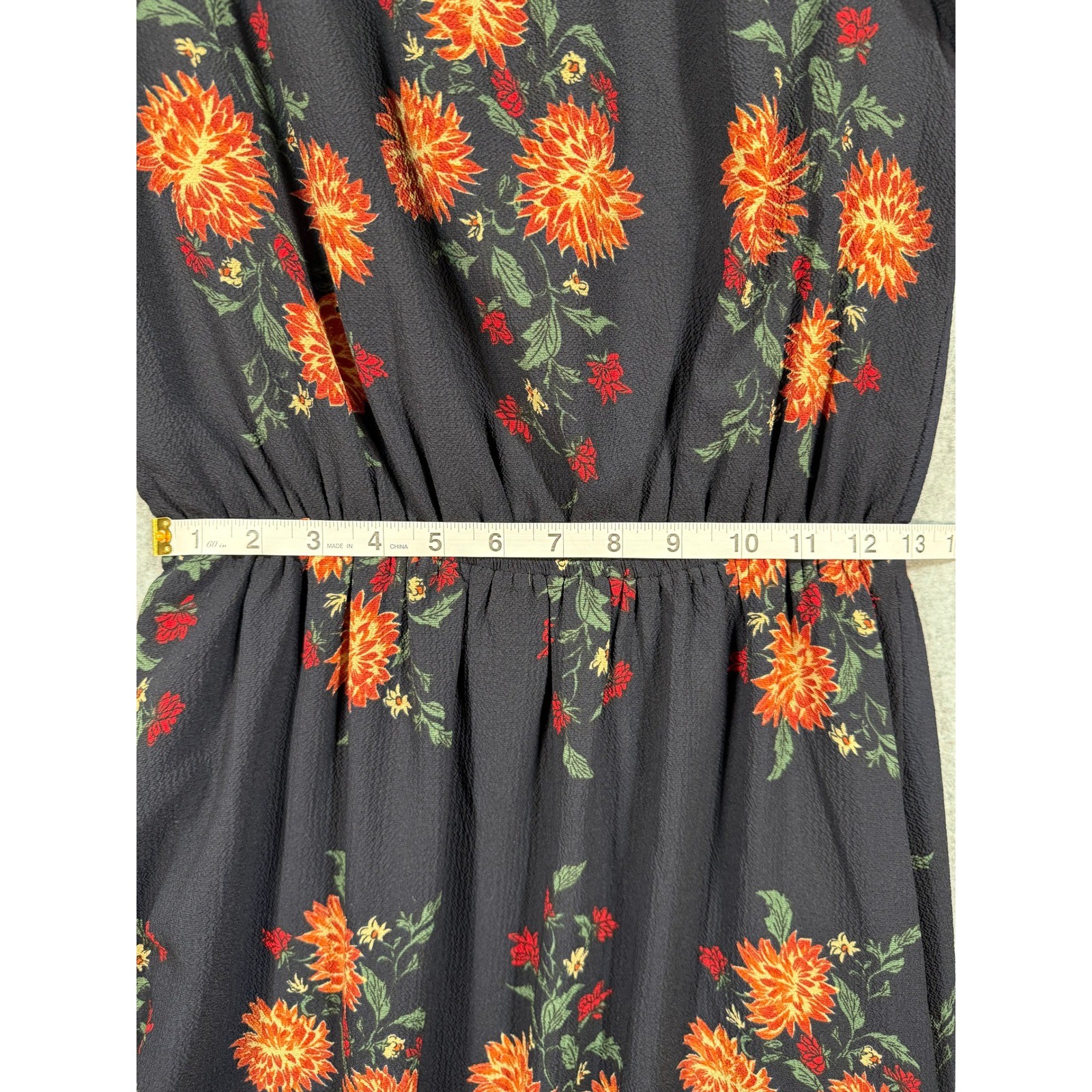 Boho Floral Midi Dress S Navy Orange Peasant Puff Bishop Sleeve Smocked Maxi