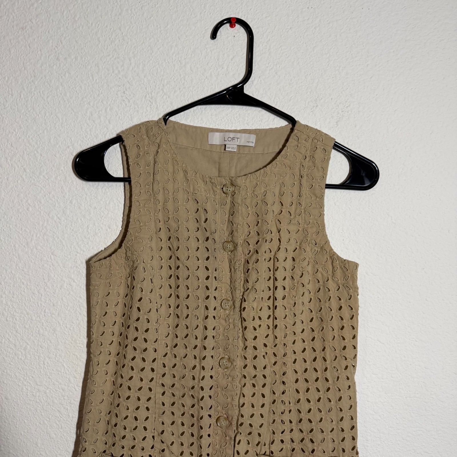 Loft Mini Dress Womens 00P Brown Embroidered Eyelet Button Front Sleeveless