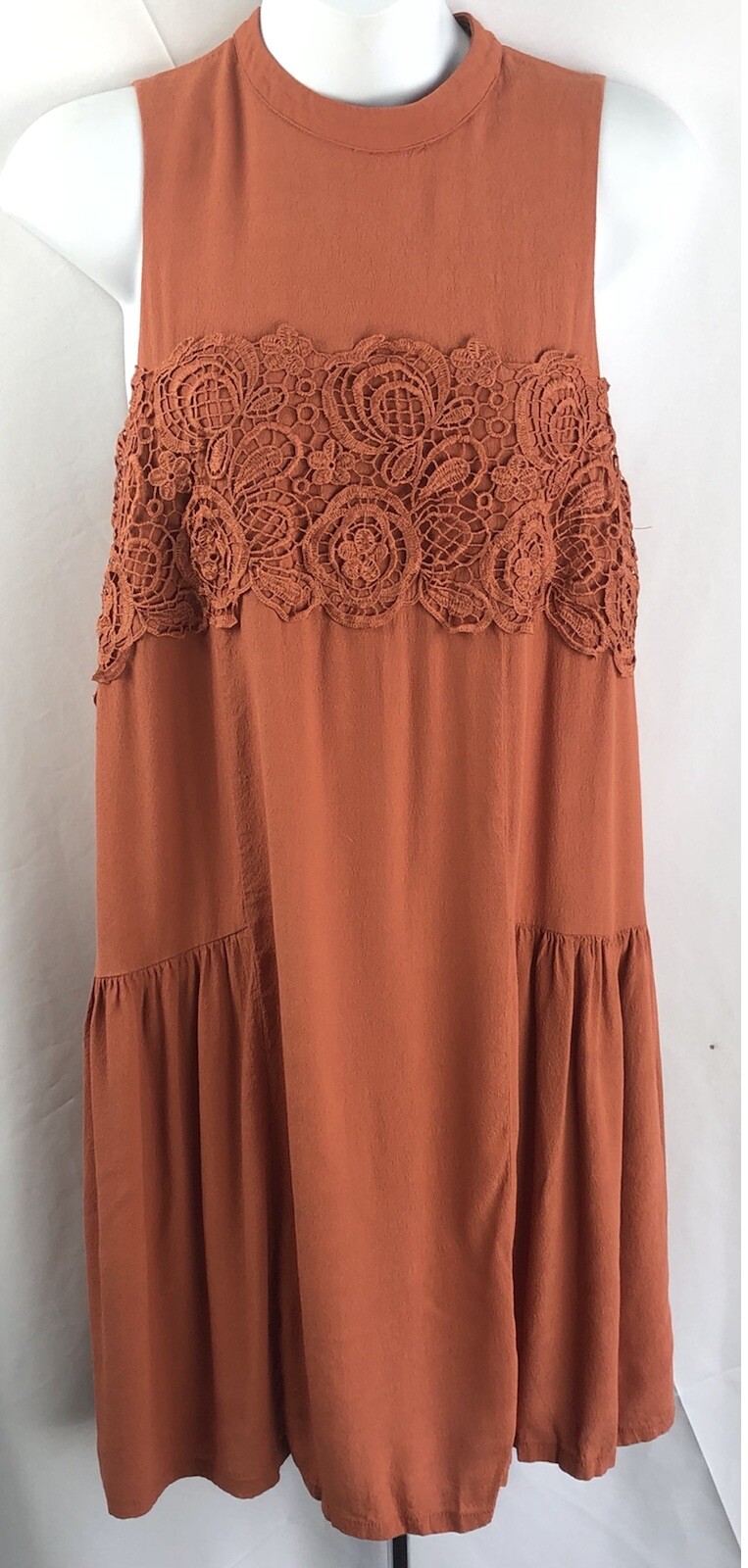 Vintage sleeveless Frock Dress M Rust Lace Pleated MockNeck Boho Cottage Hippie