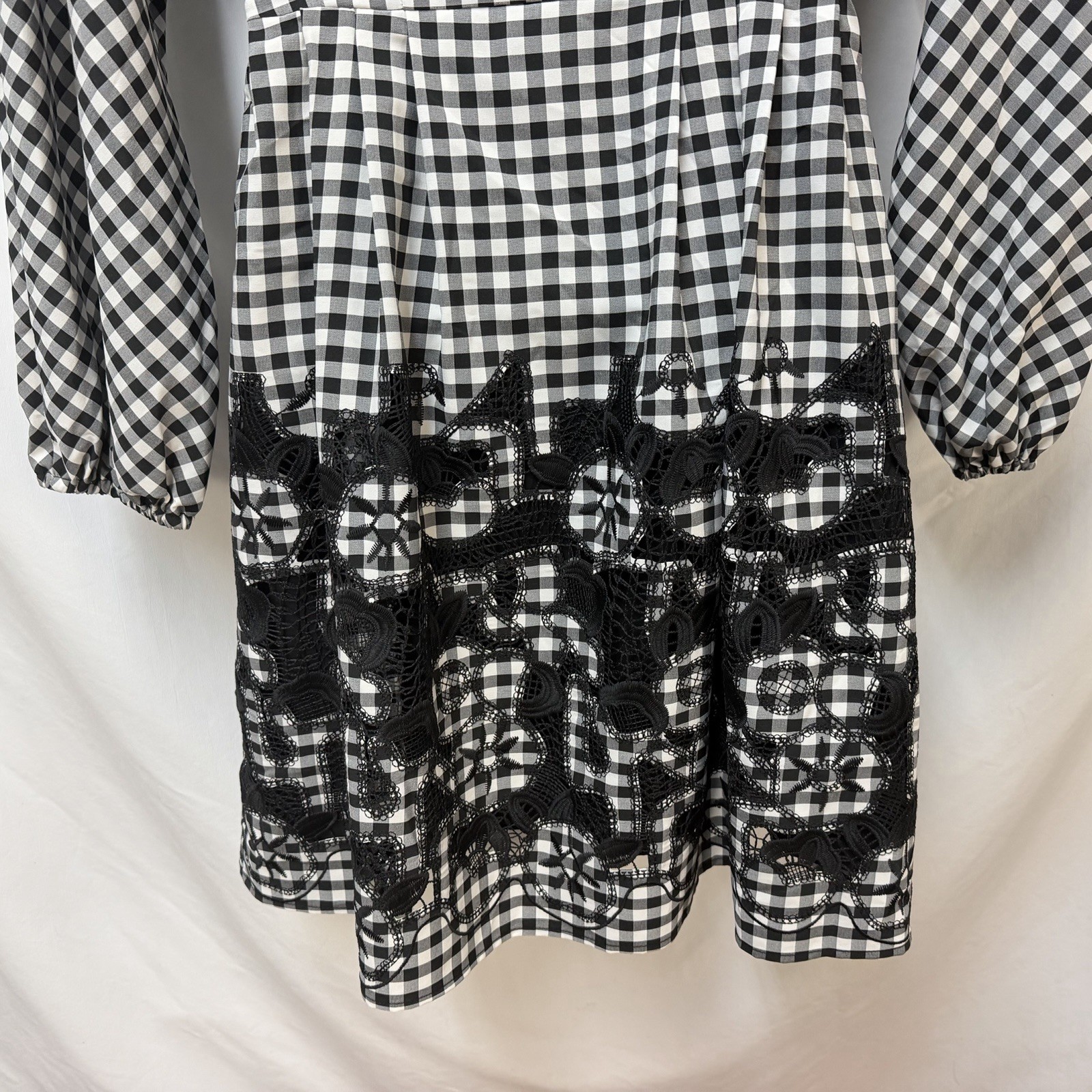 NEW PEARL BY LELA ROSE BLACK WHITE CHECK FLORAL EMBROIDERED BUTTON FRONT DRESS 0