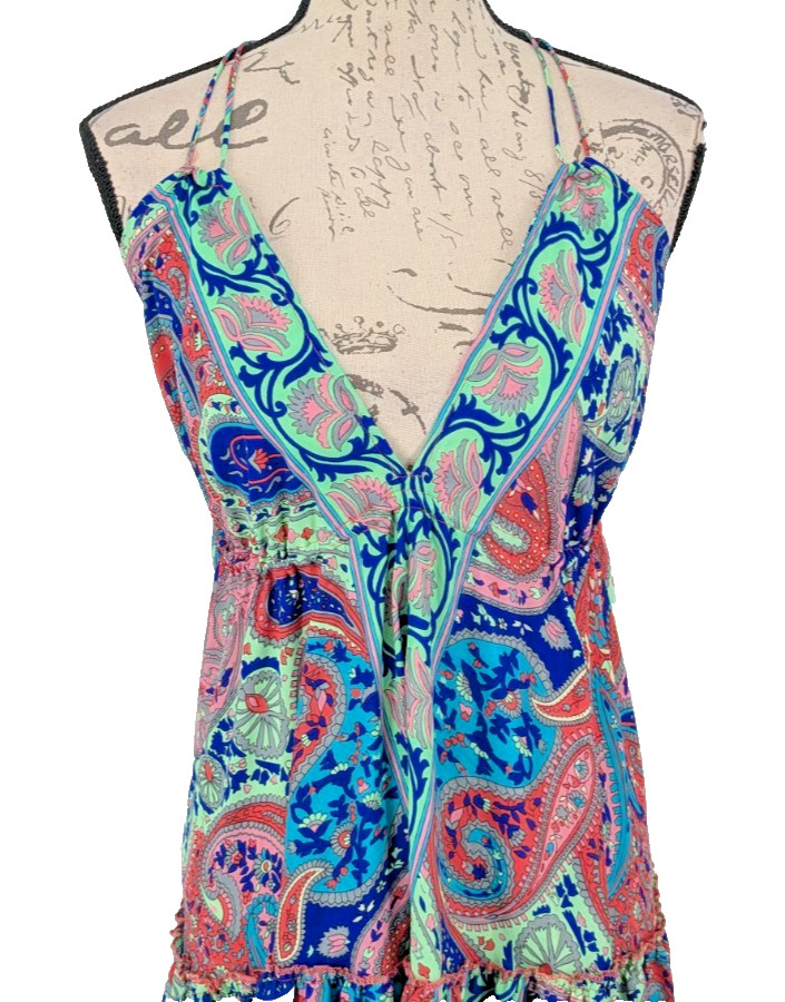 ZURY Halter Dress Silk Viscose 34″ Under the Bust Jewel Tones Tiered Excellent