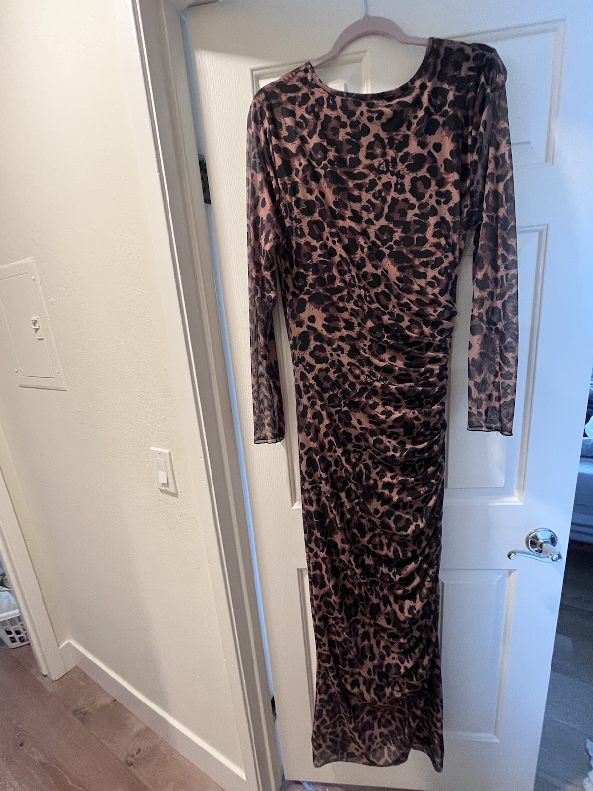 yontuxa Women’s Leopard Animal Print Mesh Ruched Long Sleeve Maxi Bodycon XL