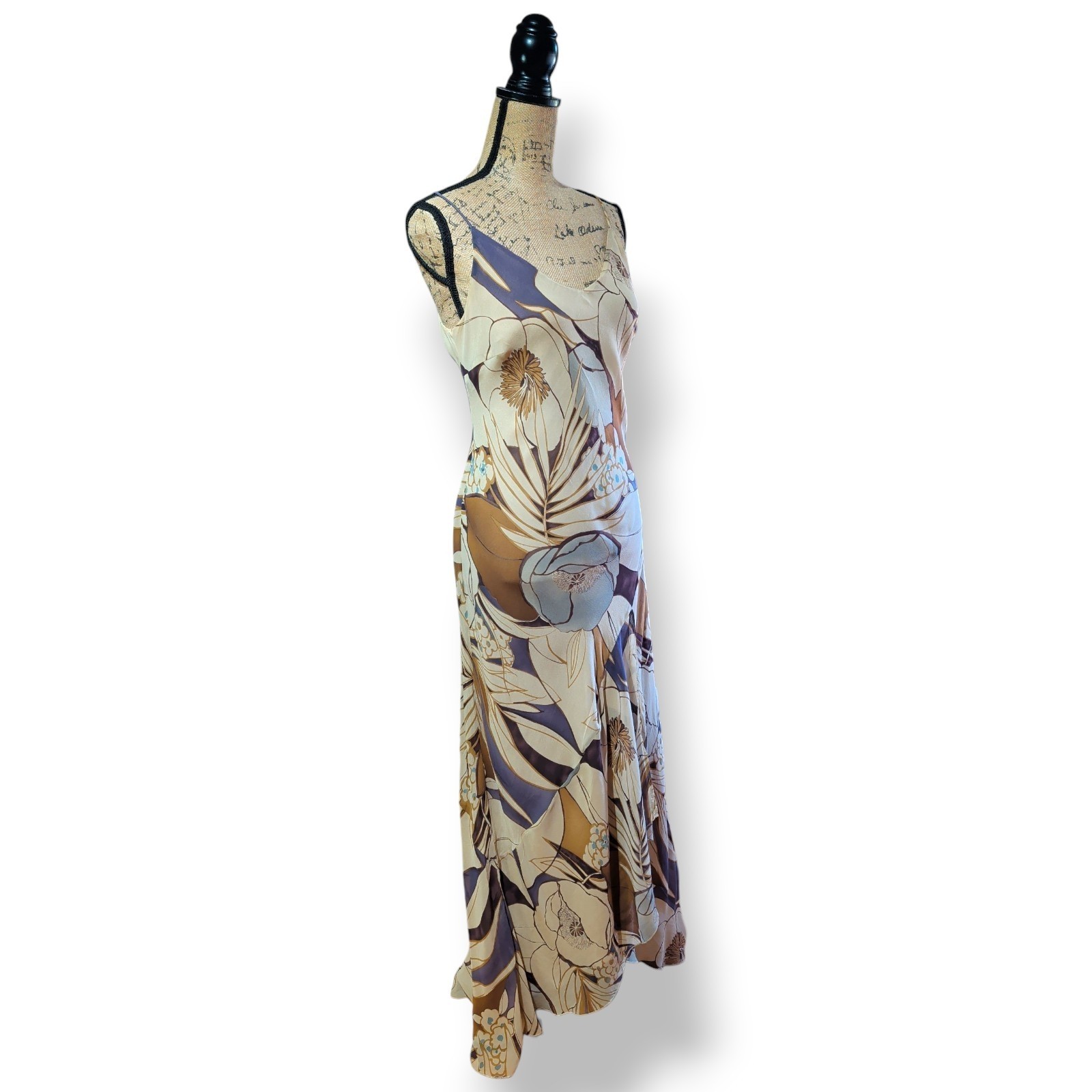 90s Y2K Monsoon 100% Silk Bias Cut Floral Long Slip Dress UK 14/16 (US 12)