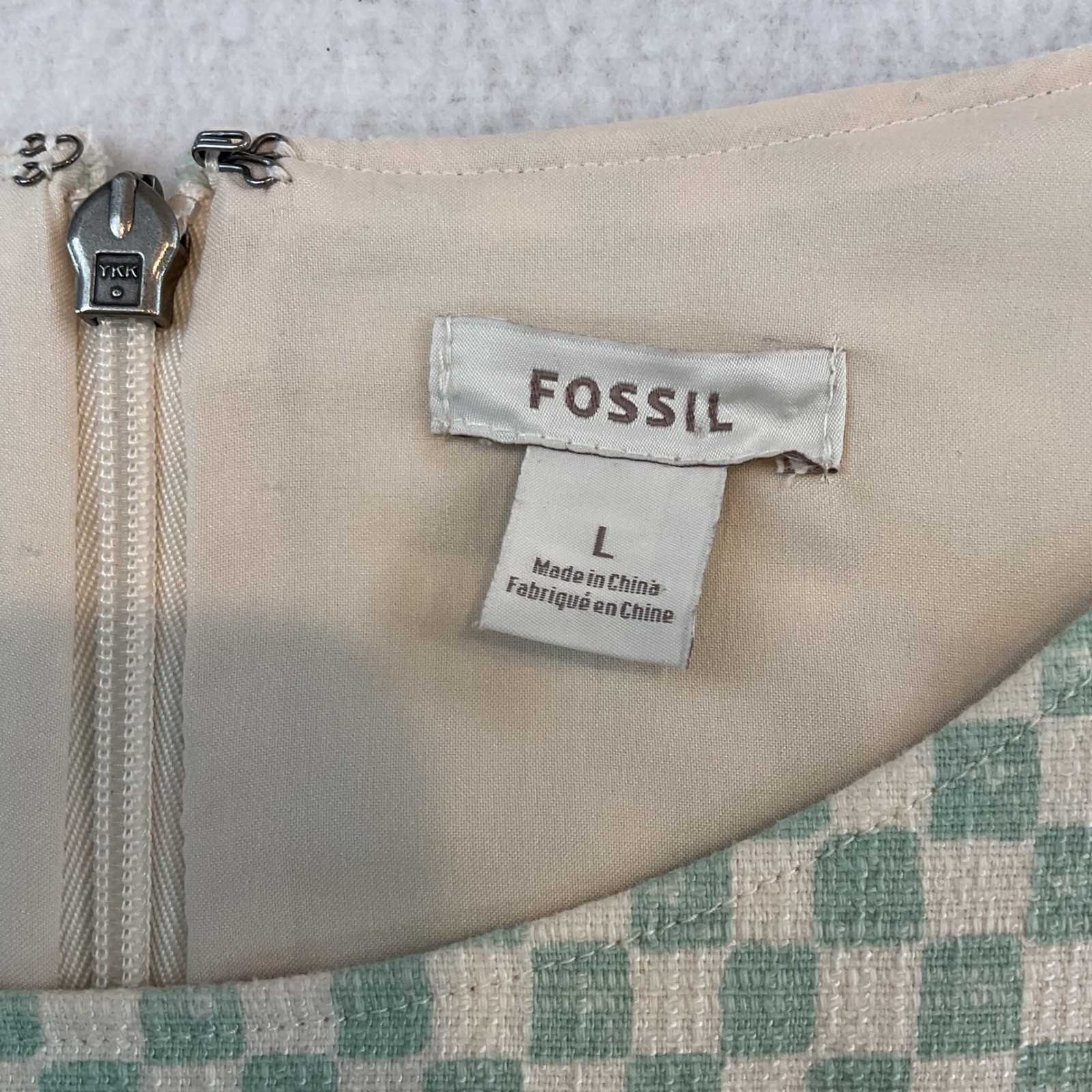 Fossil Womens Sage Green Checkered Sleeveless Shift Dress Size L Cotton Blend
