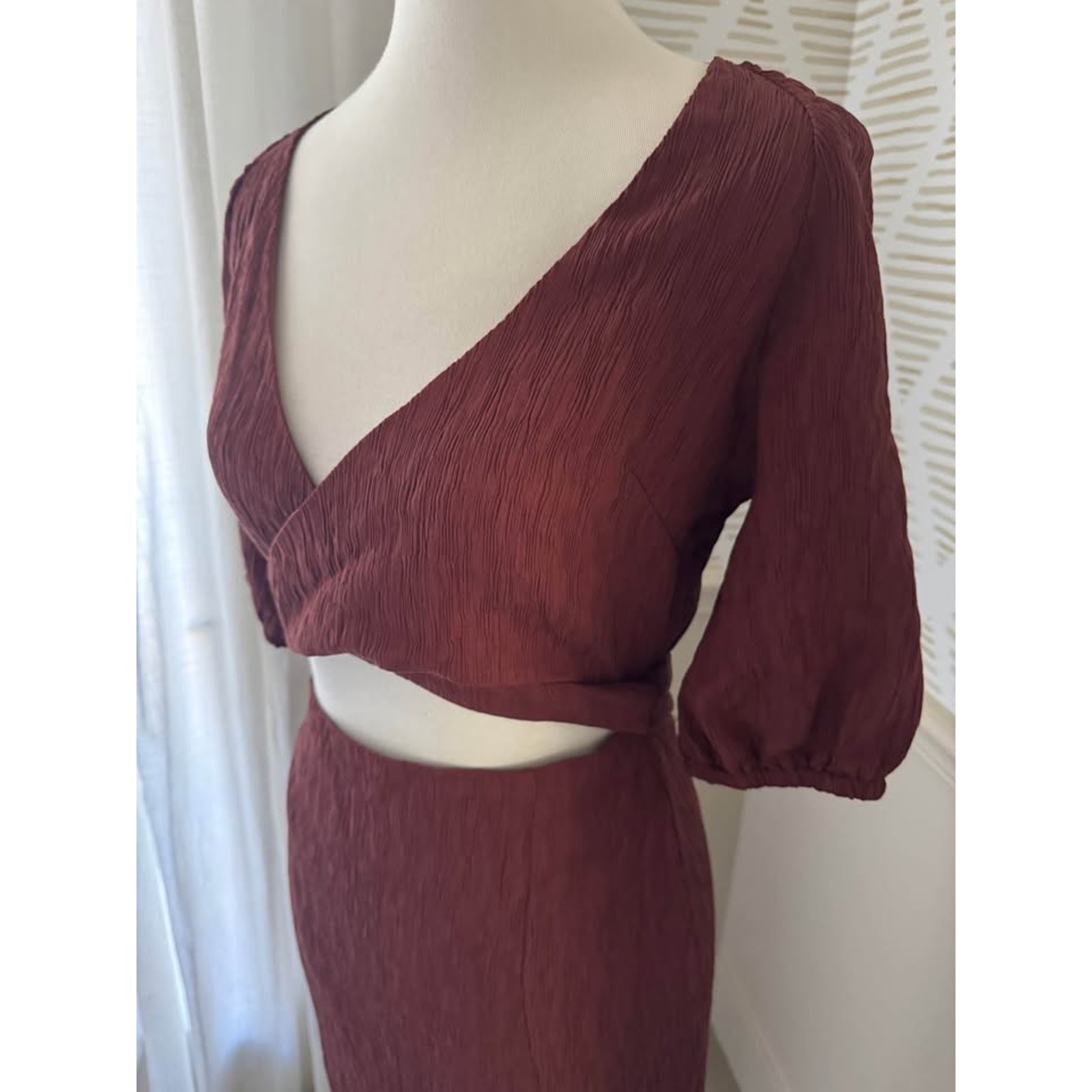 Fore Medium Brown Crinkle Front Tie Cut Out Bodycon Slit Dress NWOT