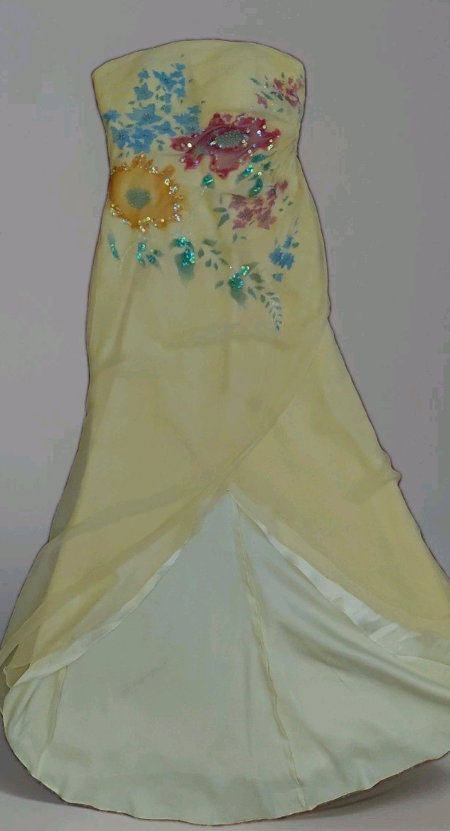 Vintage Cache Yellow Dress Maxi Beaded Floral Gown 2 S Silk Y2K Glam Evening