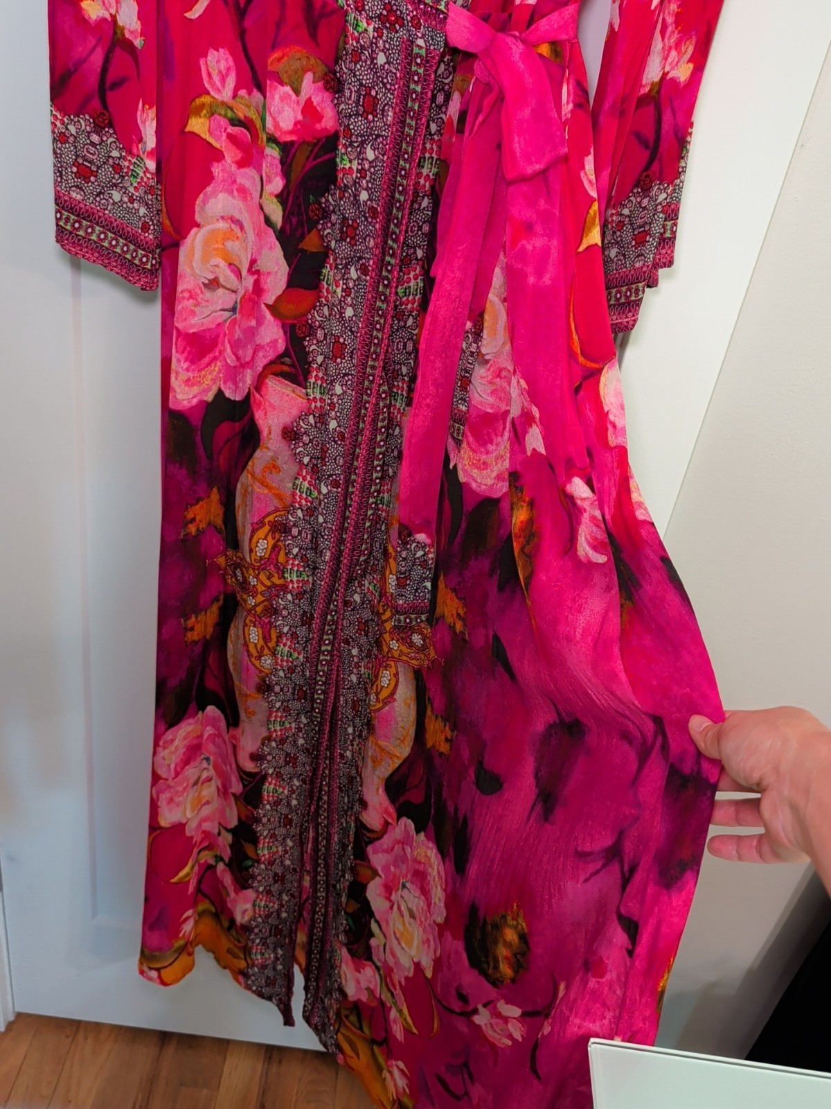 SHAHIDA PARIDES Rhinestone Beaded Wrap Maxi Dress Silk Sz M/L Floral Print Pink