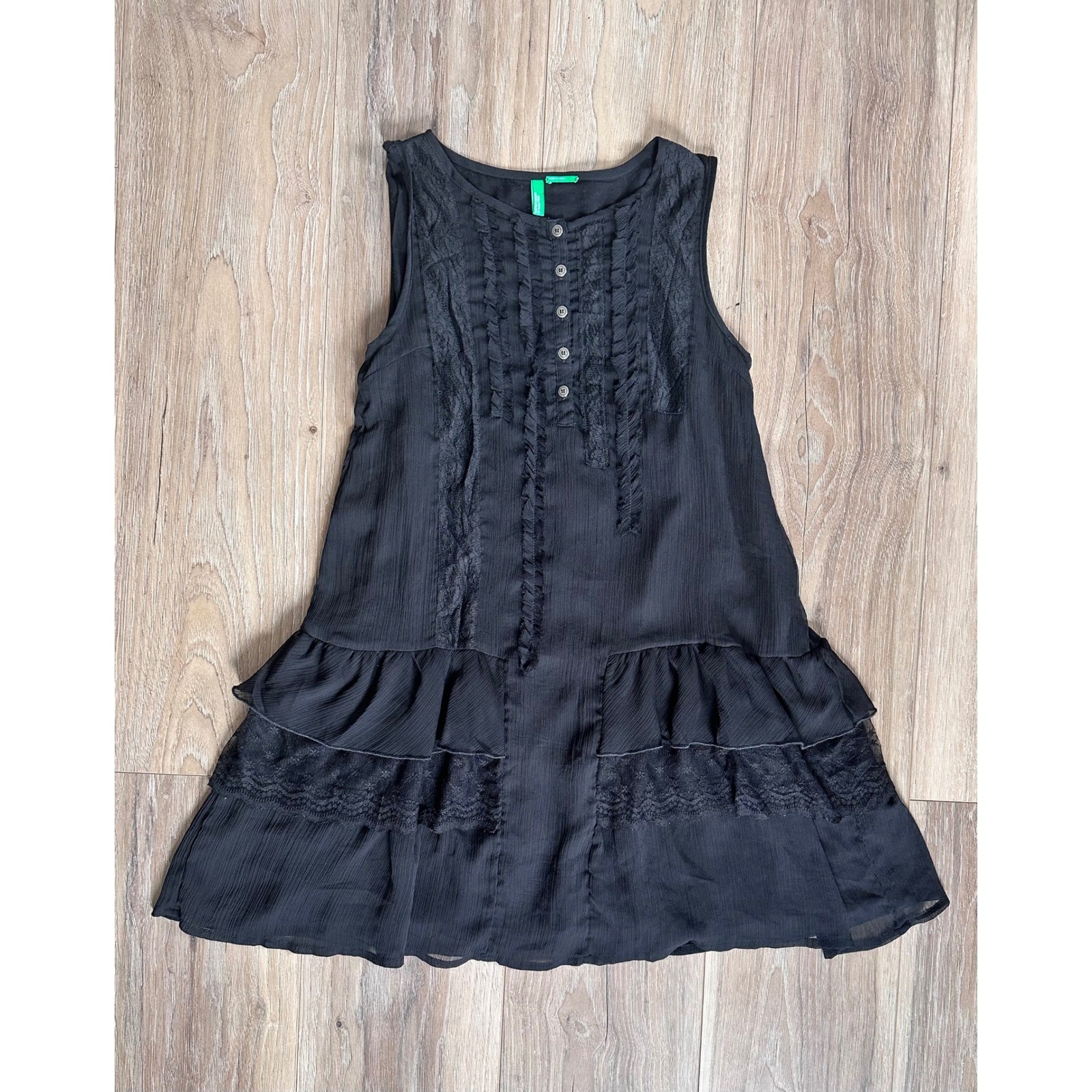 Black Lace Ruffle Mini Dress Coquette Dark Cottagecore Goth Whimsy Women XXS