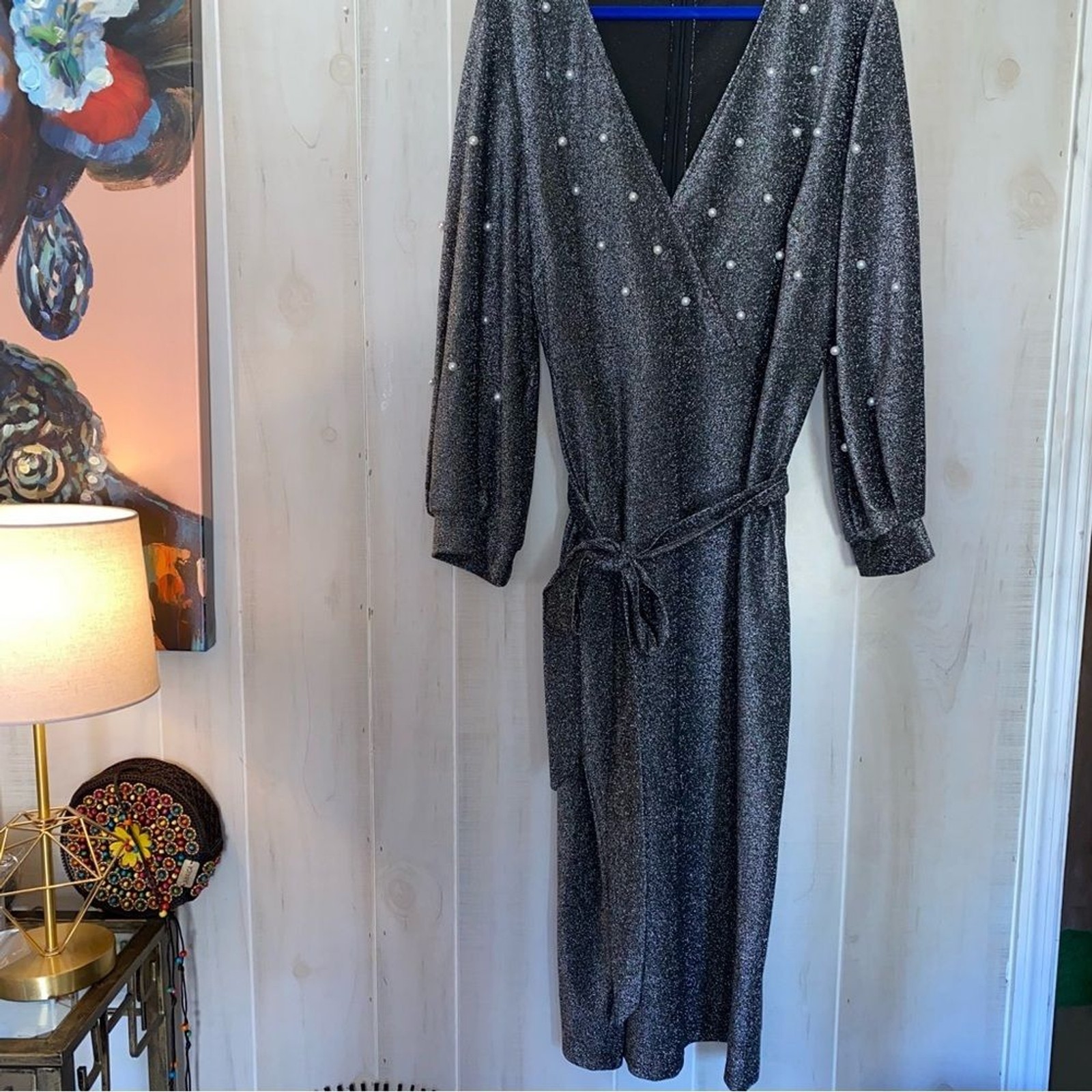 Plus Metallic Silver Pearl Embellished Belted Midi Dress with Lantern Sleeves
