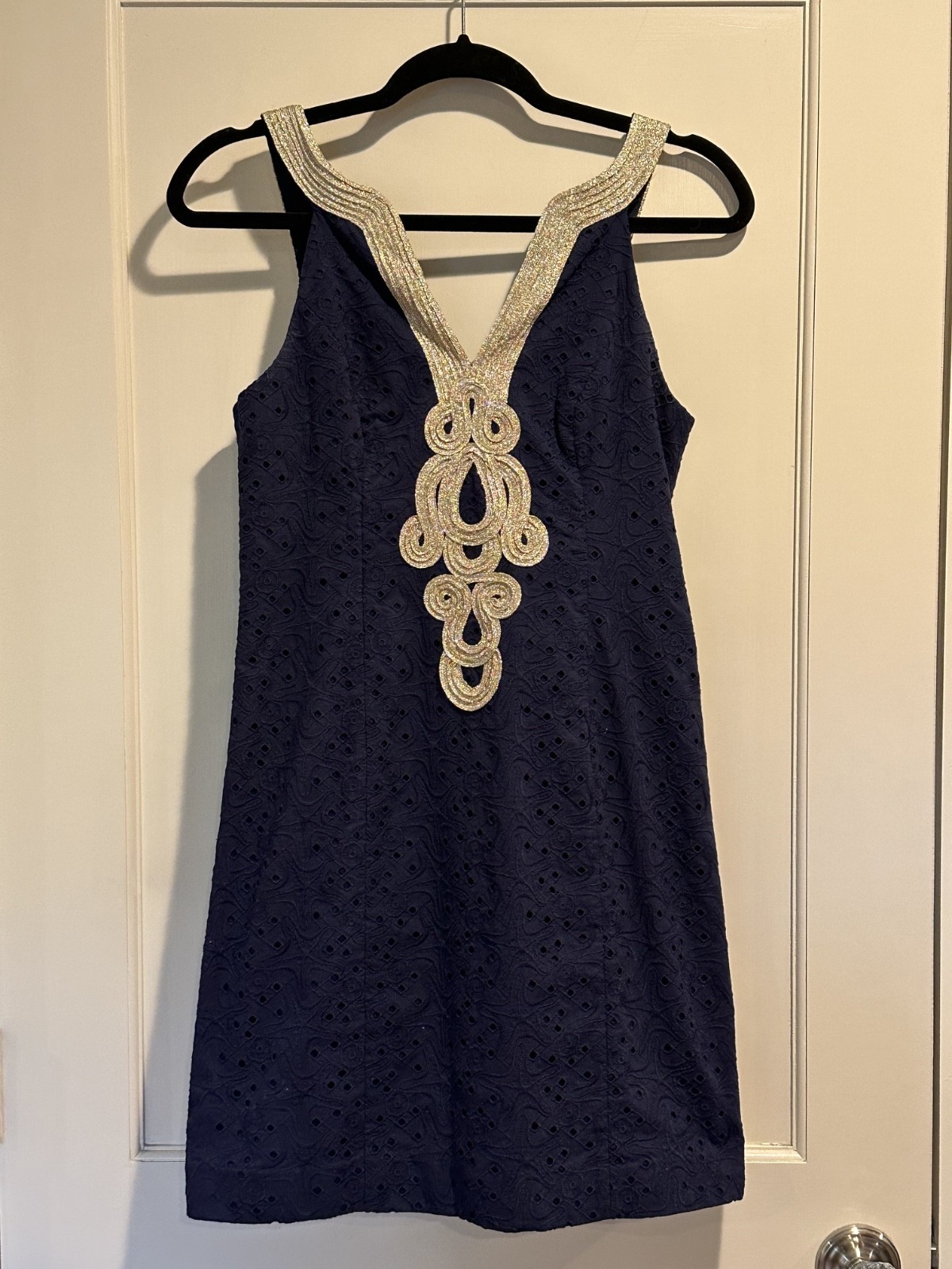 Lilly Pulitzer Emery Shift Dress Navy Blue Gold Soutache Starfish Eyelet Size 0