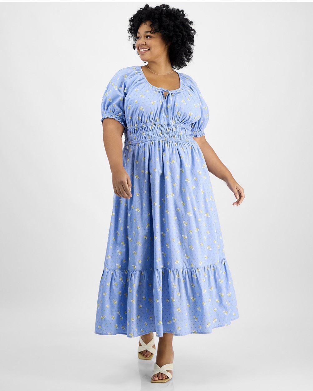 And Now This Blue Floral Midi Dress Tiered Puff Sleeve 2X Milkmaid Coquette NEW