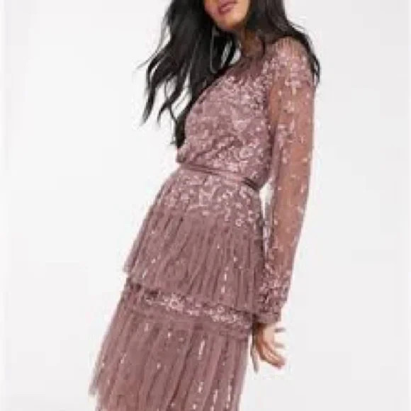 Needle and Thread Sequin Embroidered Tiered Dress sheer long sleeves 0 READ