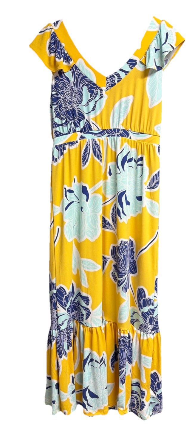 IMAN Global Chic Yellow Blue Floral Maxi Dress Resort Summer Cruise Petite M NWT