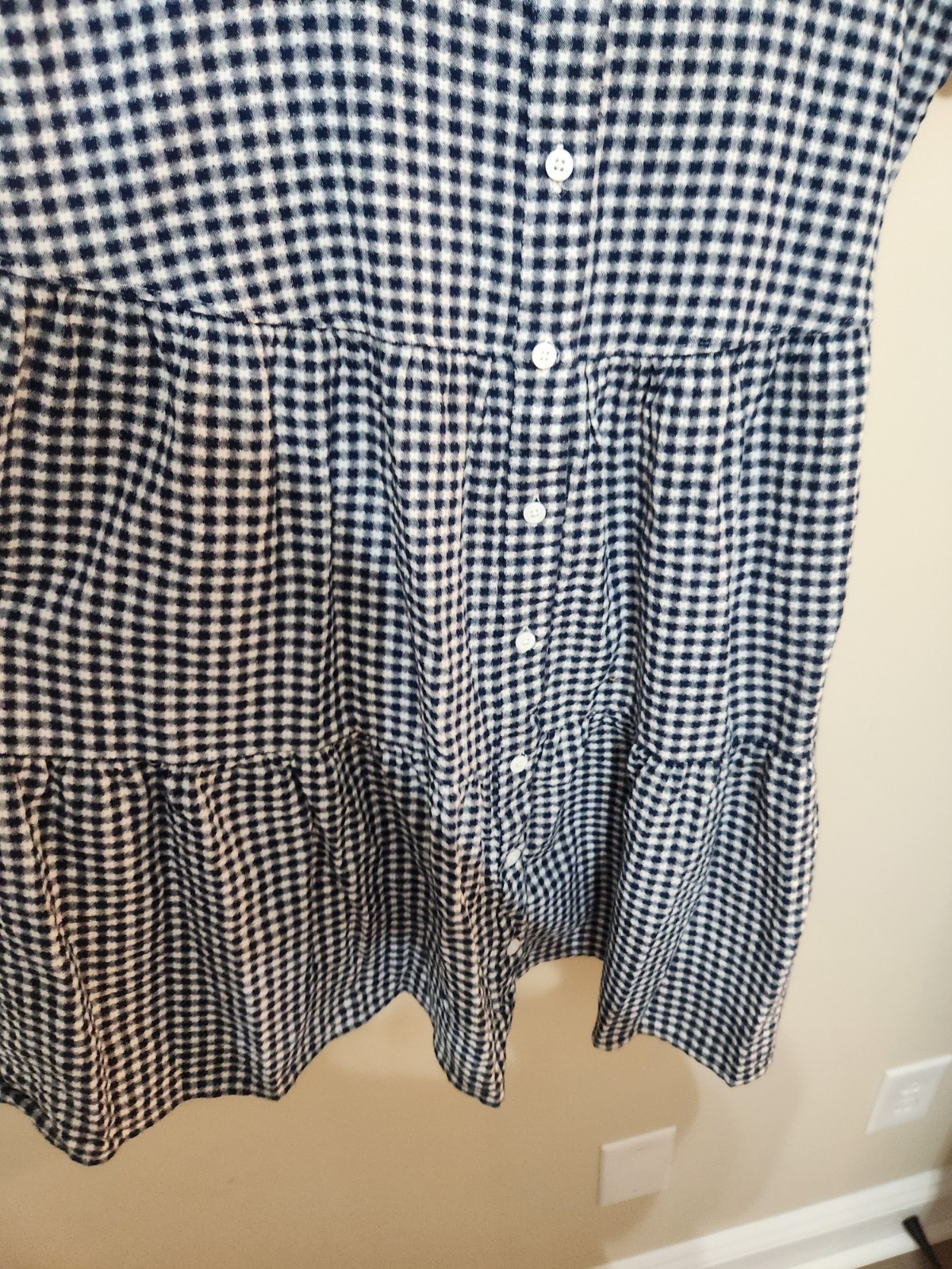 Madewell Gingham Tiered Mini Dress Blue White Cuff Sleeve Button Front XS