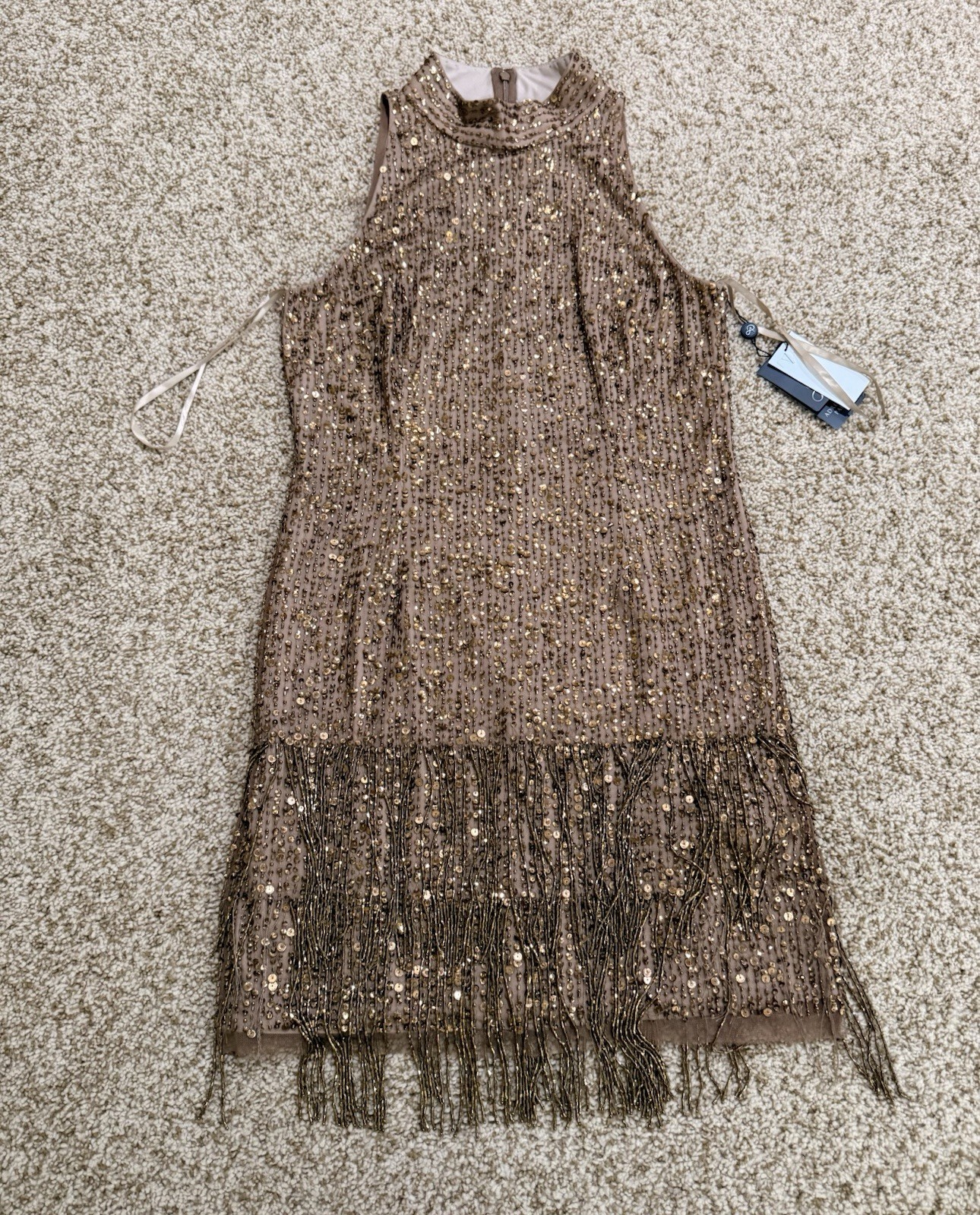 Adrianna Papell Sequin Beaded Fringe Mini Dress Halter Sleeveless Size US 6