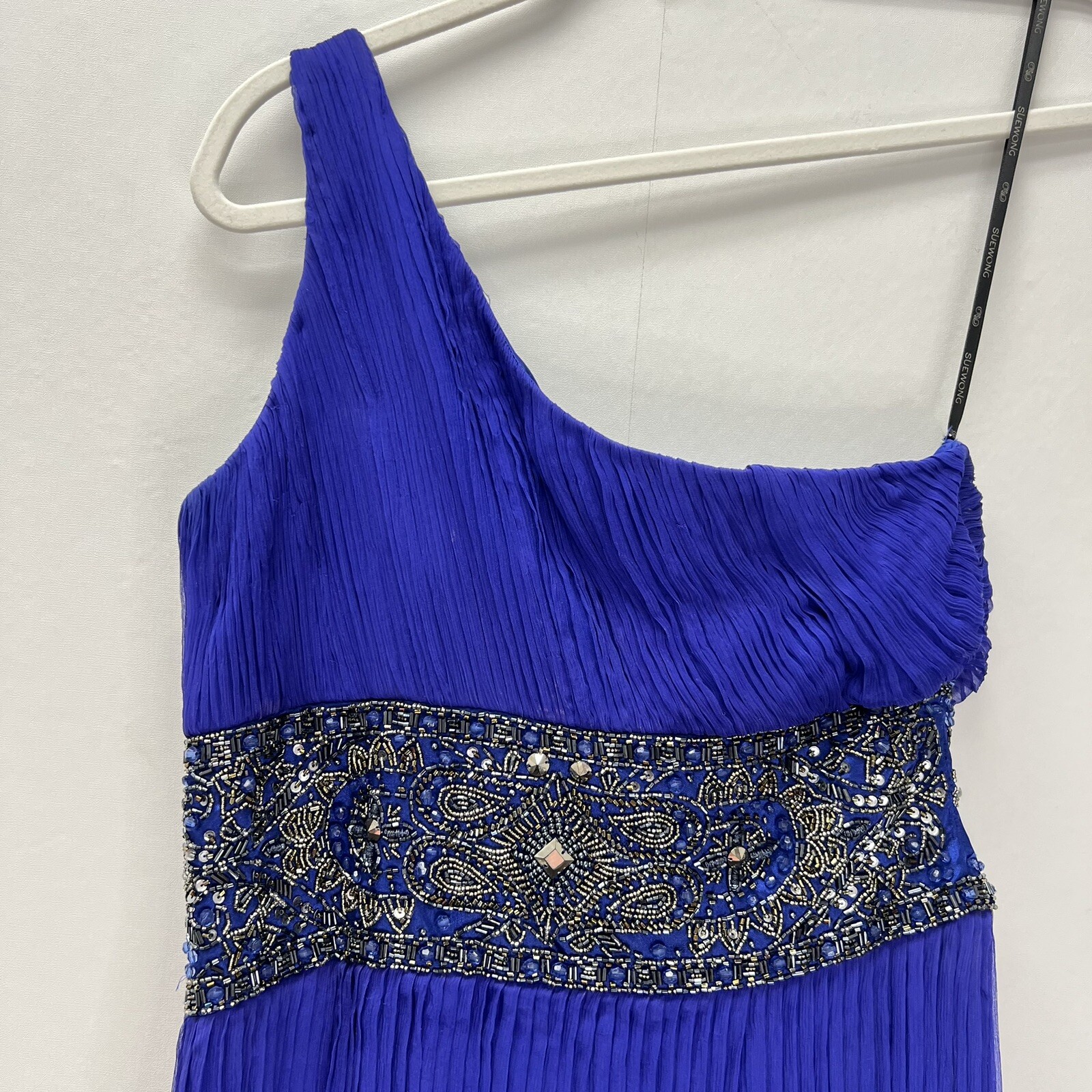Sue Wong Nocturne Blue Silk Beaded Sequin Embellished One Shoulder Mini Dress 6