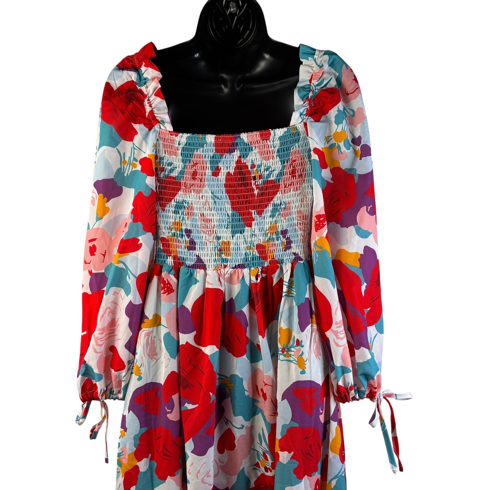 SundayUp Womens Floral Smocked Maxi Dress Long Puff Sleeve Tiered Multicolor LG