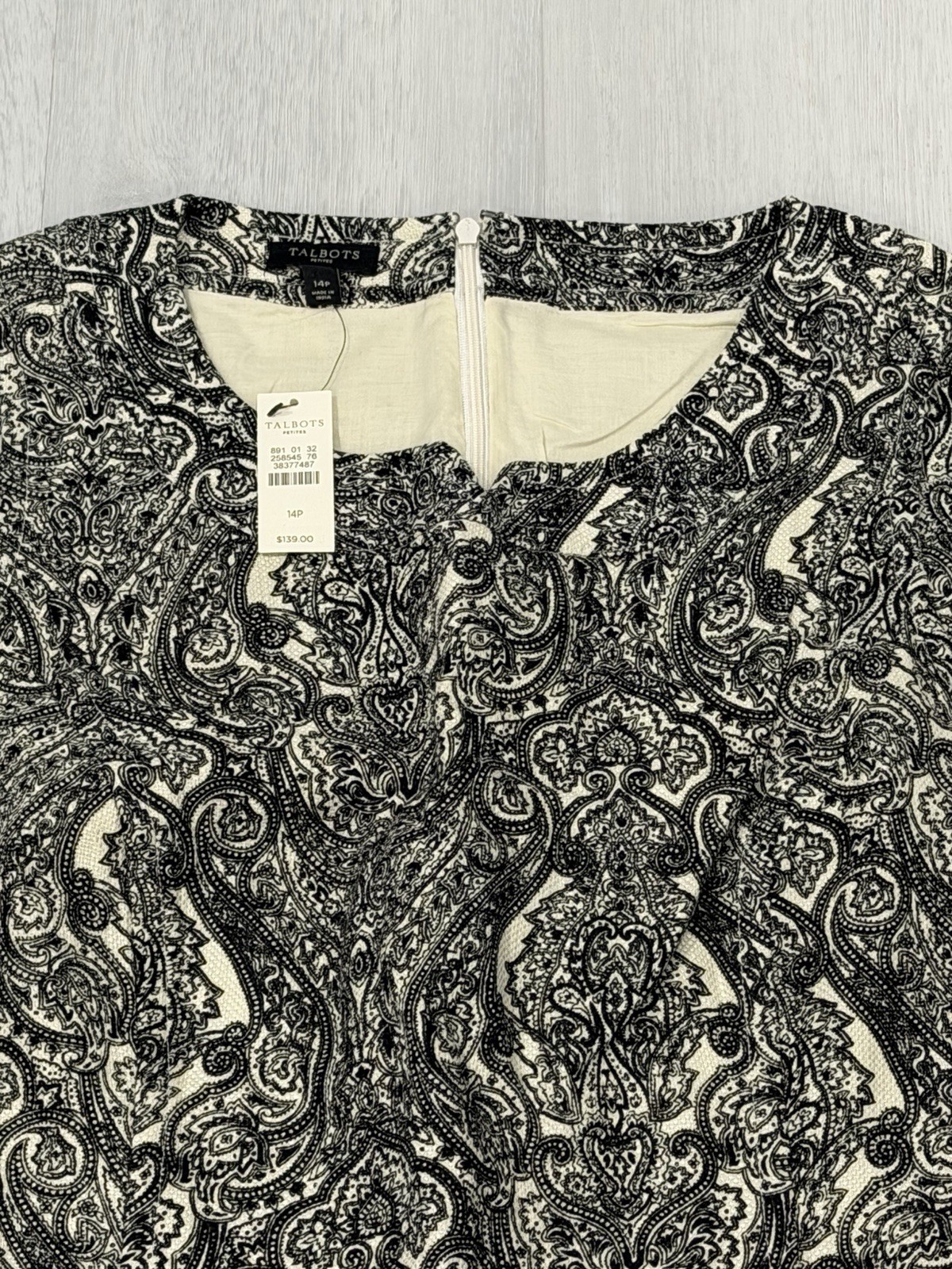 Talbots NEW $139 Sz 14P Cotton Ble Sheath Shift Dress Lined Paisley Black White
