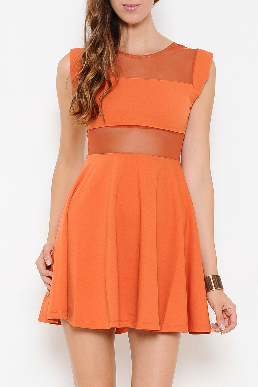 Orange Sheer Sexy Mini Skater Party Flare Dress Cocktail Club Prom