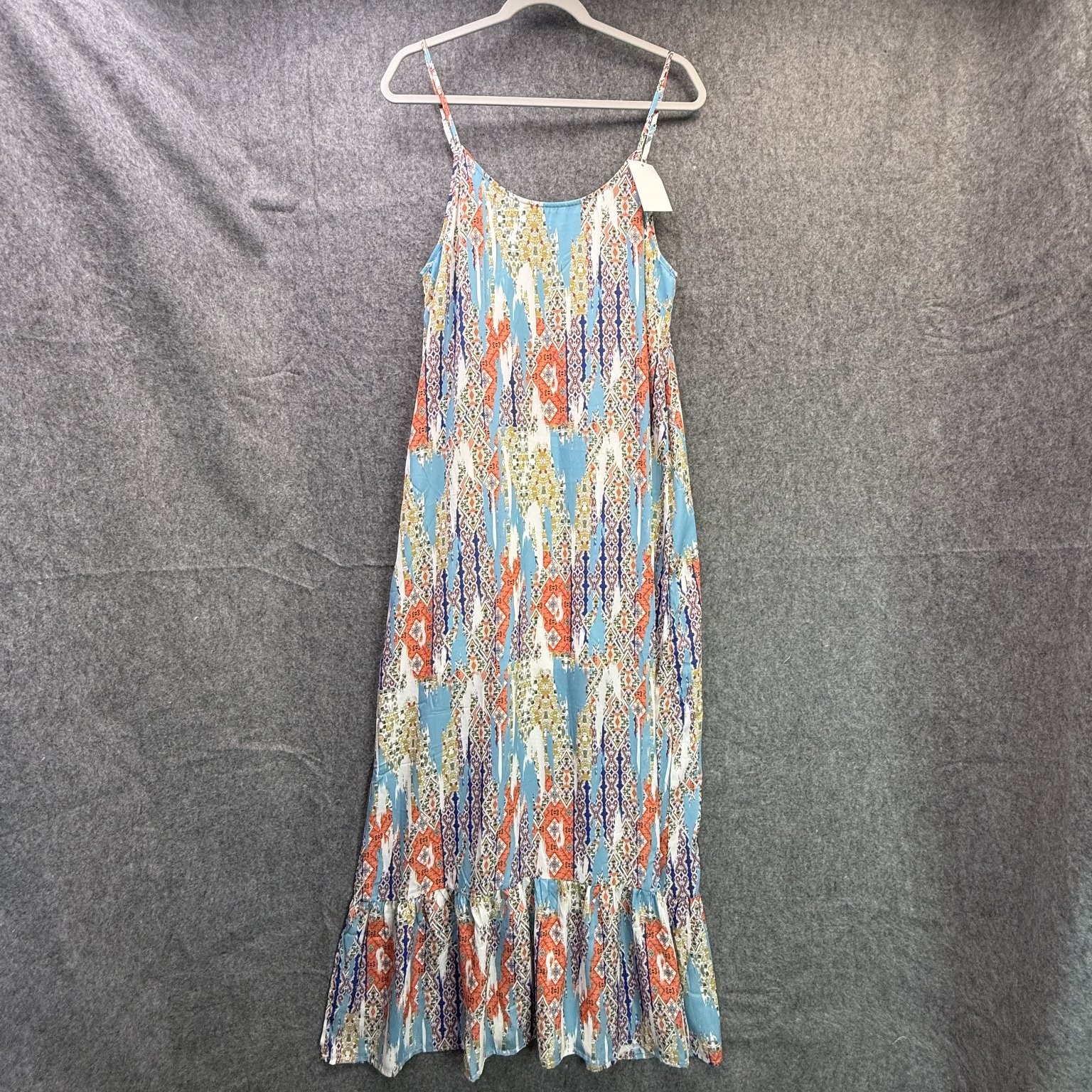 Women’s Sleeveless Maxi Dress Large Blue Orange Abstract 100% Polyester