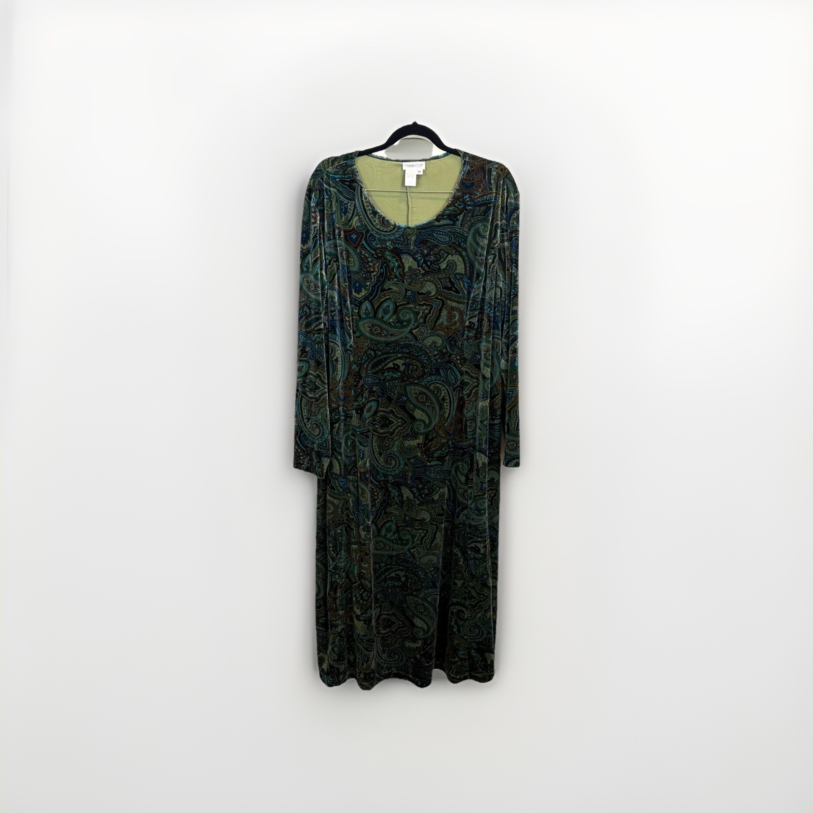 Vtg Coldwater Creek 3X Green Paisley Velvet Velour Long Sleeve Maxi Dress