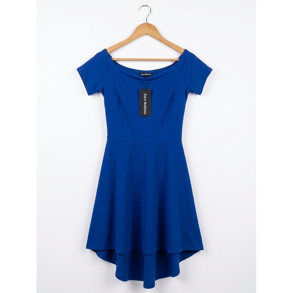 Sarin Mathews Chic Royal Blue Off Shoulder High Low Skater Cocktail Dress S NWT