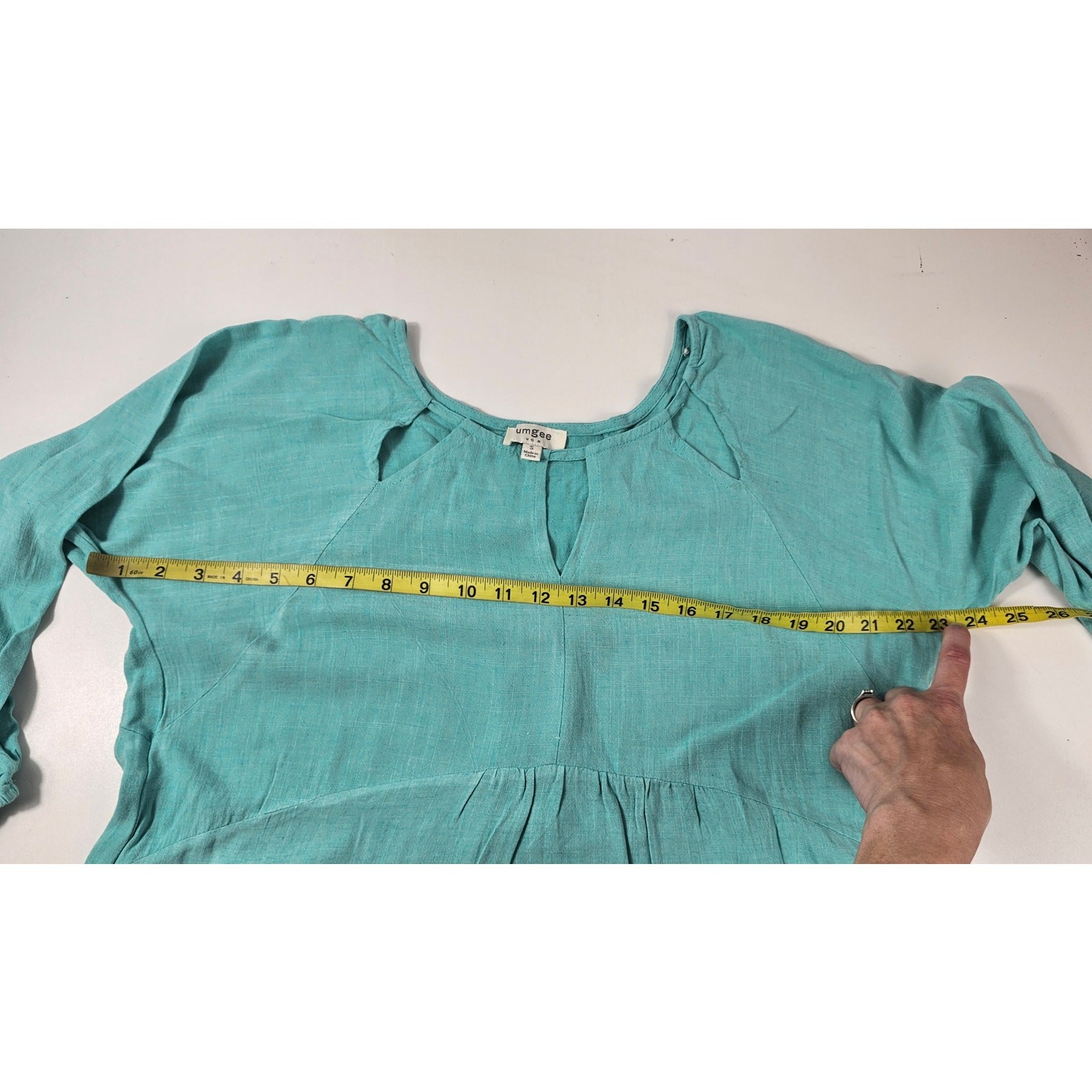 UMGEE raglan peasant botique dress with pockets blue guaze linen blend EUC S