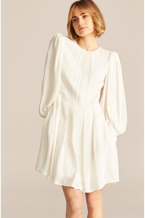 REBECCA TAYLOR Snow White Long Puff Sleeve Sheer Opaque Shadow Stripe Dress 2 XS