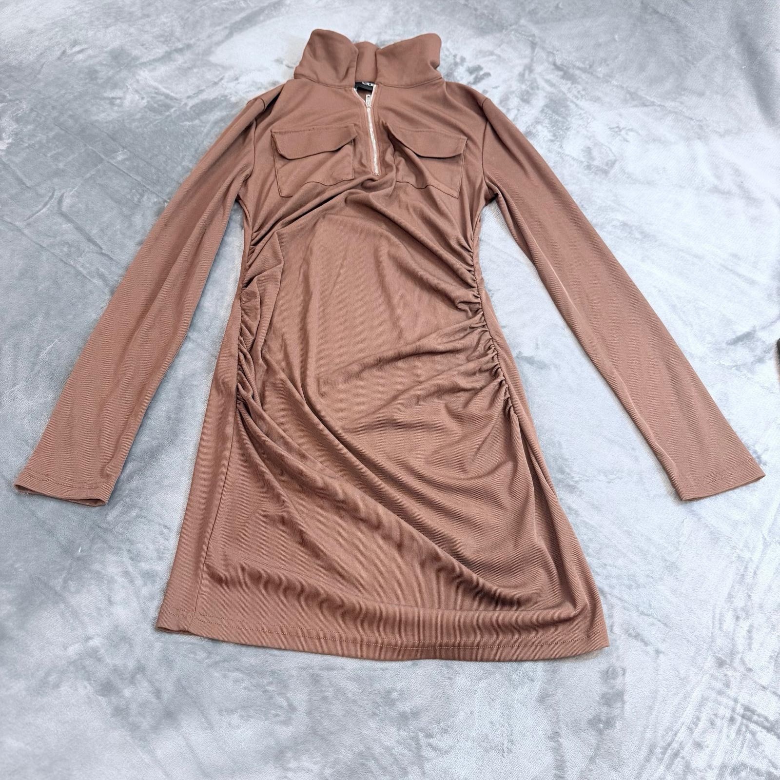 Cider Bodycon Mini Dress W/ Zipper Neckline Pocket Detail Sz M Brown Stretch