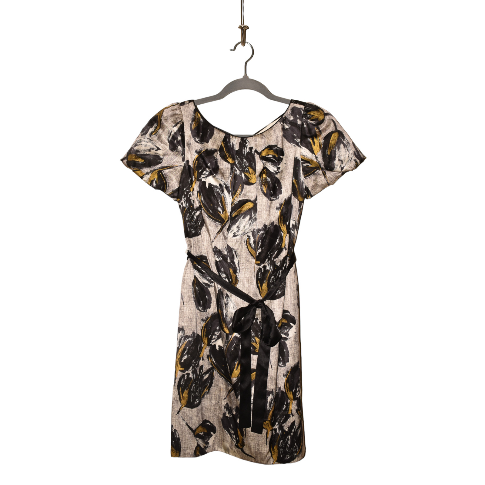 REBECCA TAYLOR $395 Pleated Neck Puff Sleeve Printed Silk Dress Gray Size 2