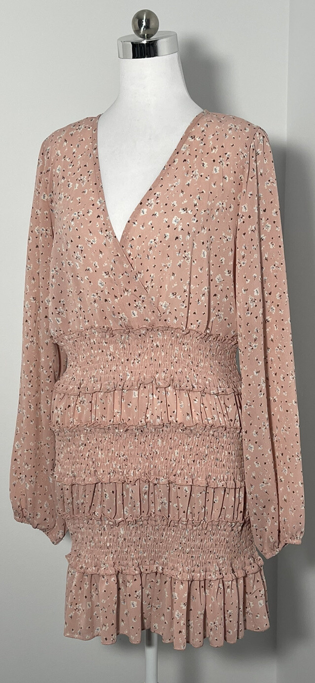 Petal & Pup Pink Tiered Ruffle Long Sleeve Body-con V Neck Dress Size 14