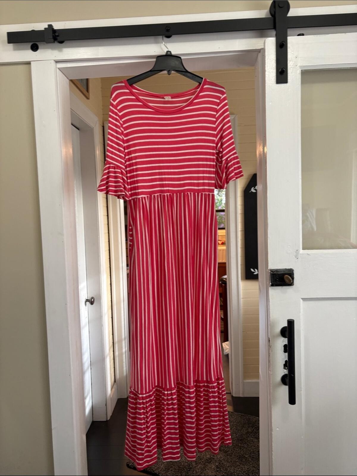 7th Ray Pink & White Striped Ruffle Sleeve Maxi Dress