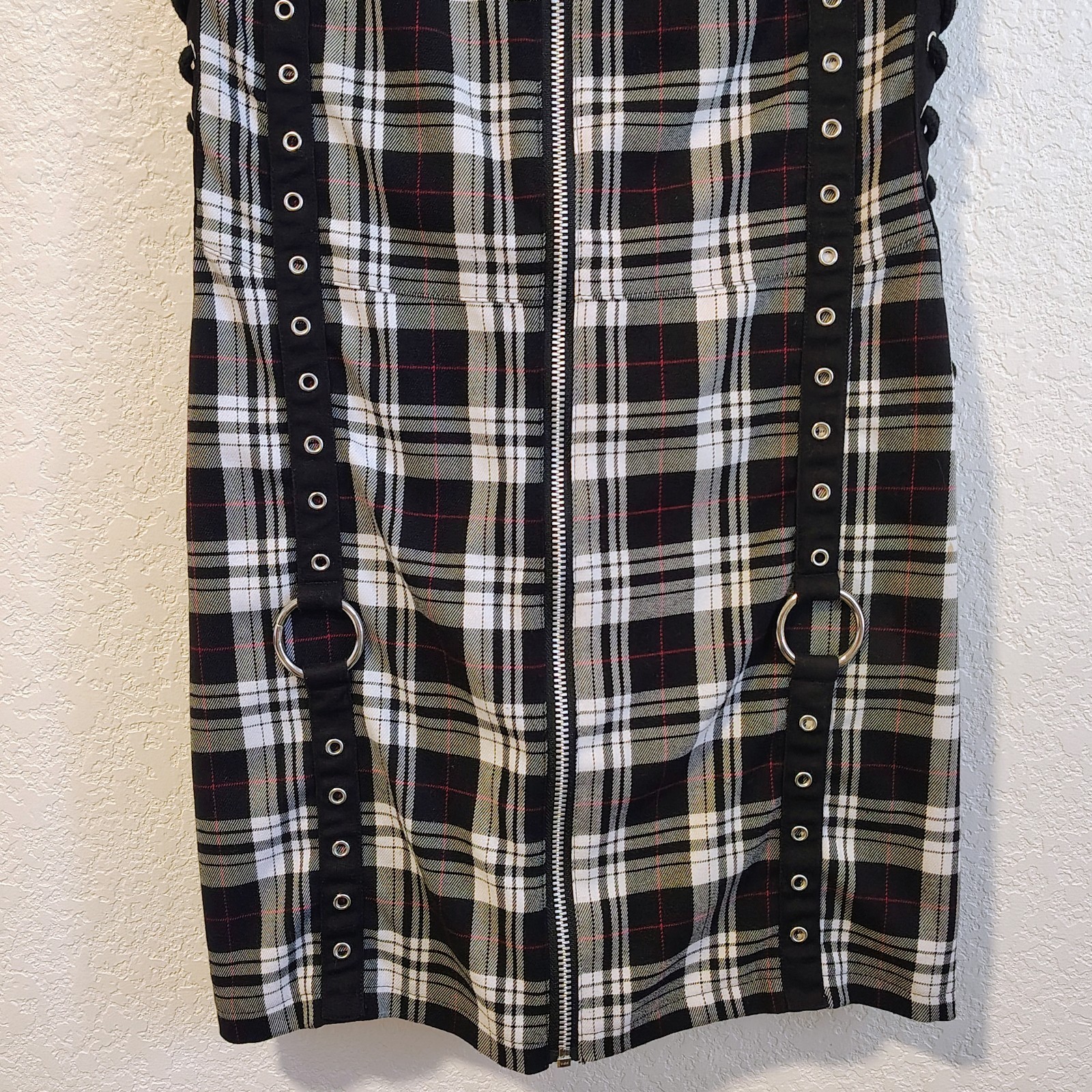 Hell Bunny Size Large Black White Plaid Corset Dress O-Rings Lace Up Sides Back
