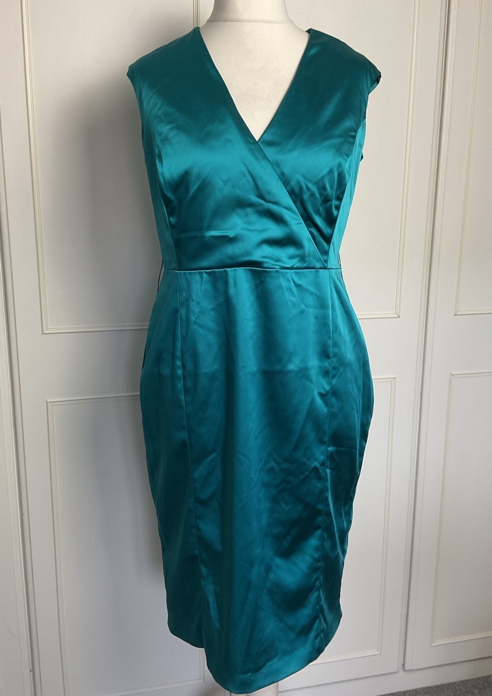 COAST Fitted Wiggle Dress Size UK 16 Teal Blue Satin Wedding Special Occasion