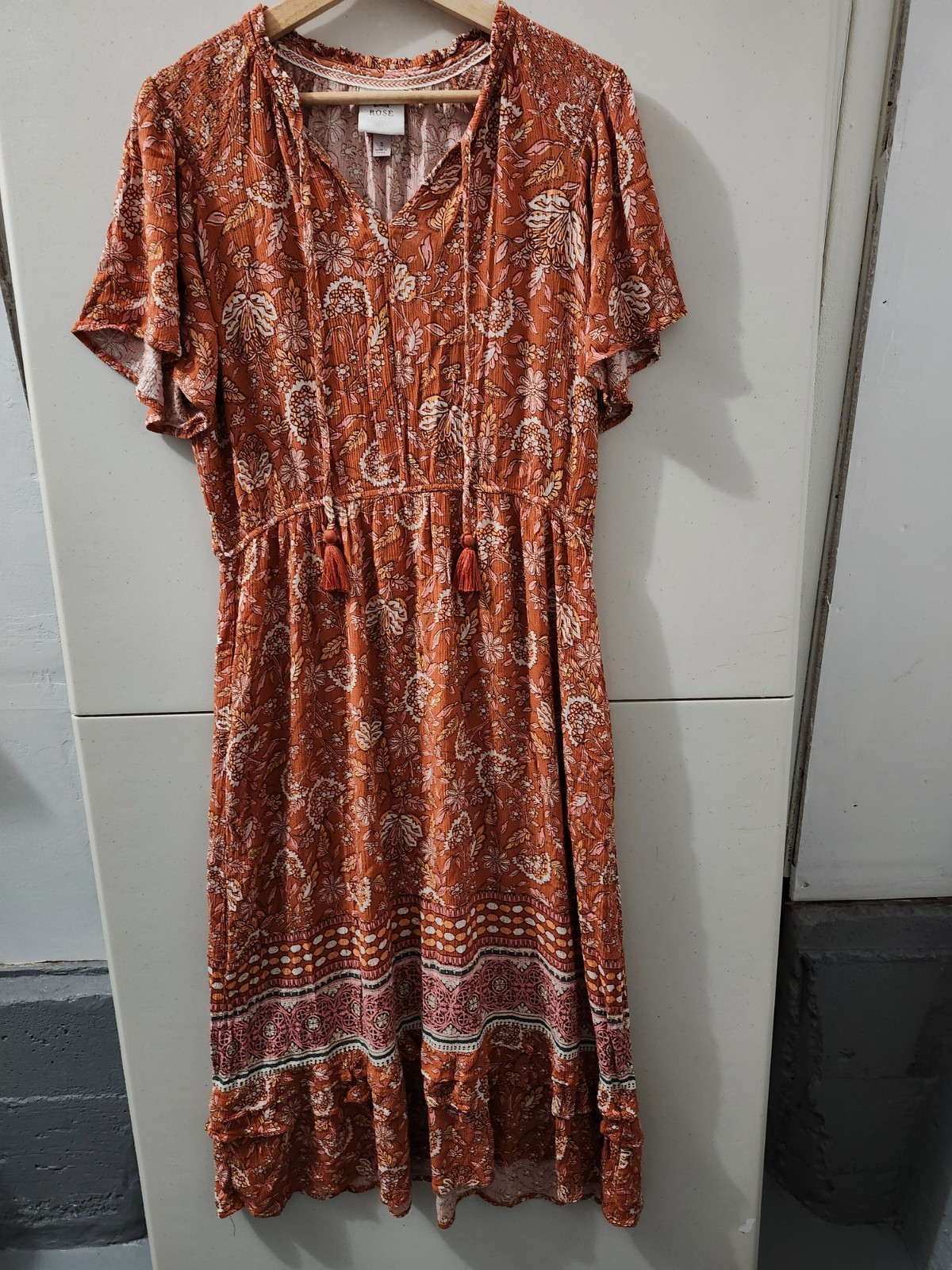 Knox Rose Dress Womens S Orange Rust Flutter Short Sleeve Tier Maxi Floral Boho