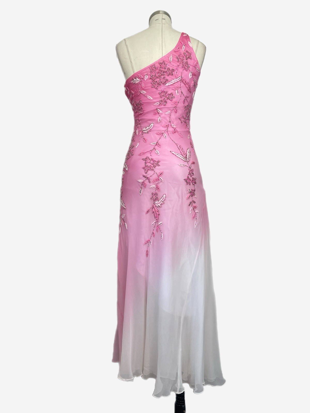 Vintage Y2K Cache Pink white silk ombre floral beaded asymmetric dress fairy XS