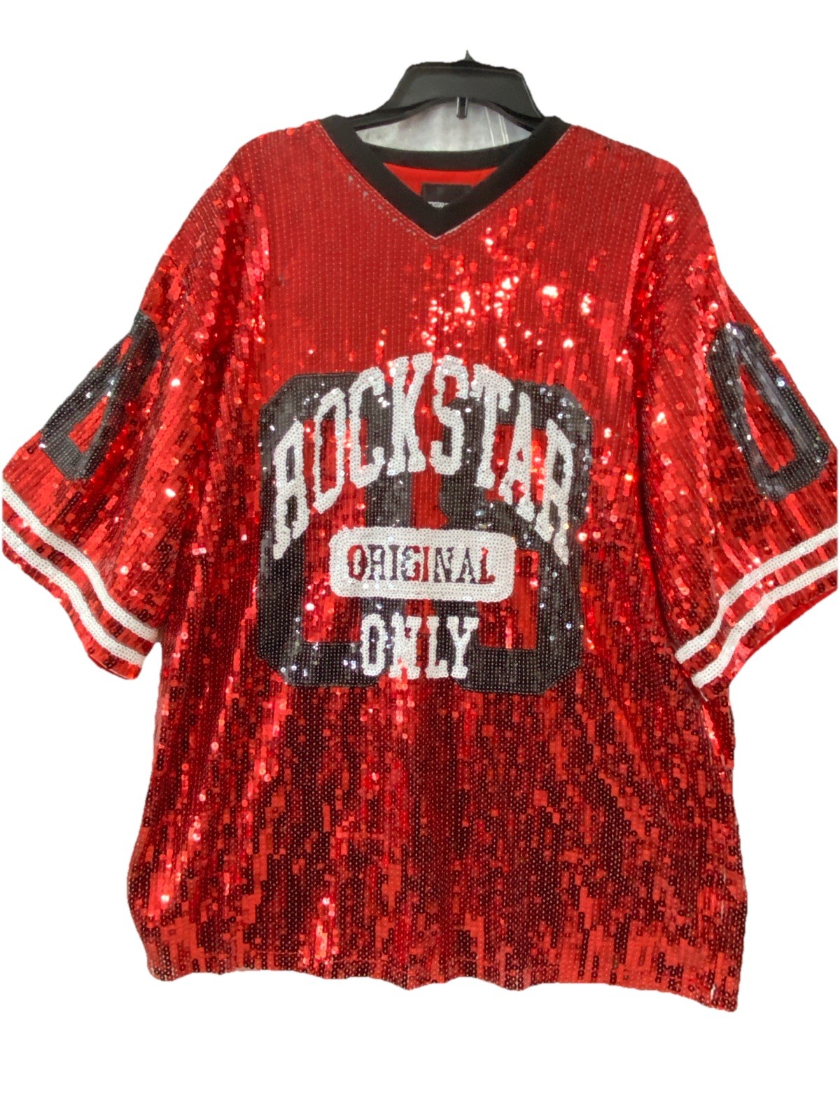 ROCKSTAR ORIG Red Sequin Mini Dress Football Jersey Game Day Oversized Sz OS