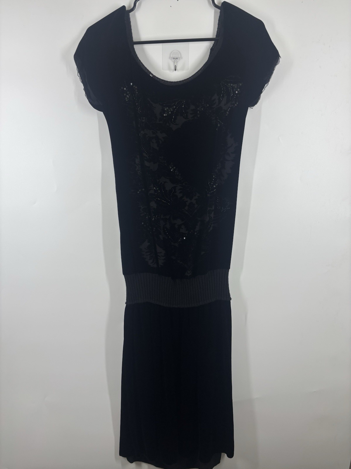 Pianura Studio Black Velvet Lace Mesh Beaded Drop Waist Midi Dress Black 10