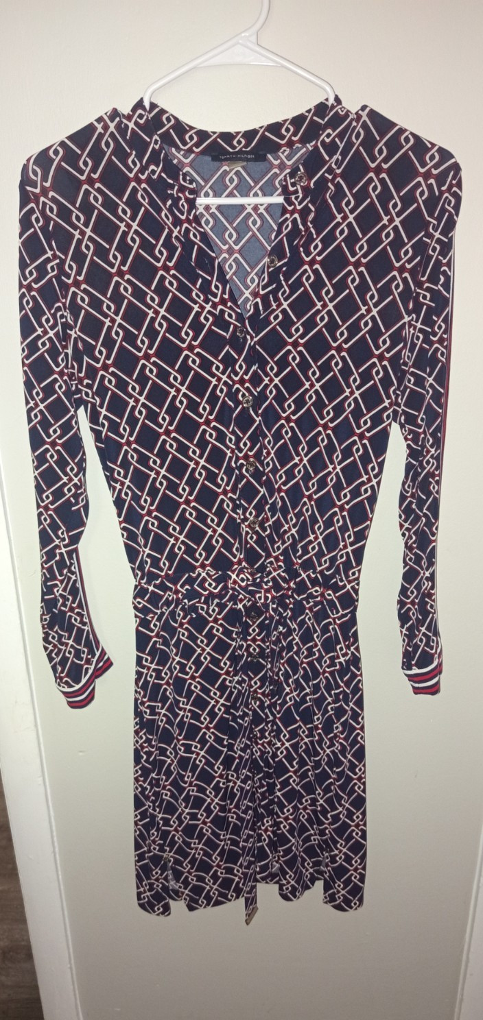 Tommy Hilfiger Geometric Shirt Dress M Blue Pink Long Sleeve Crew Neck