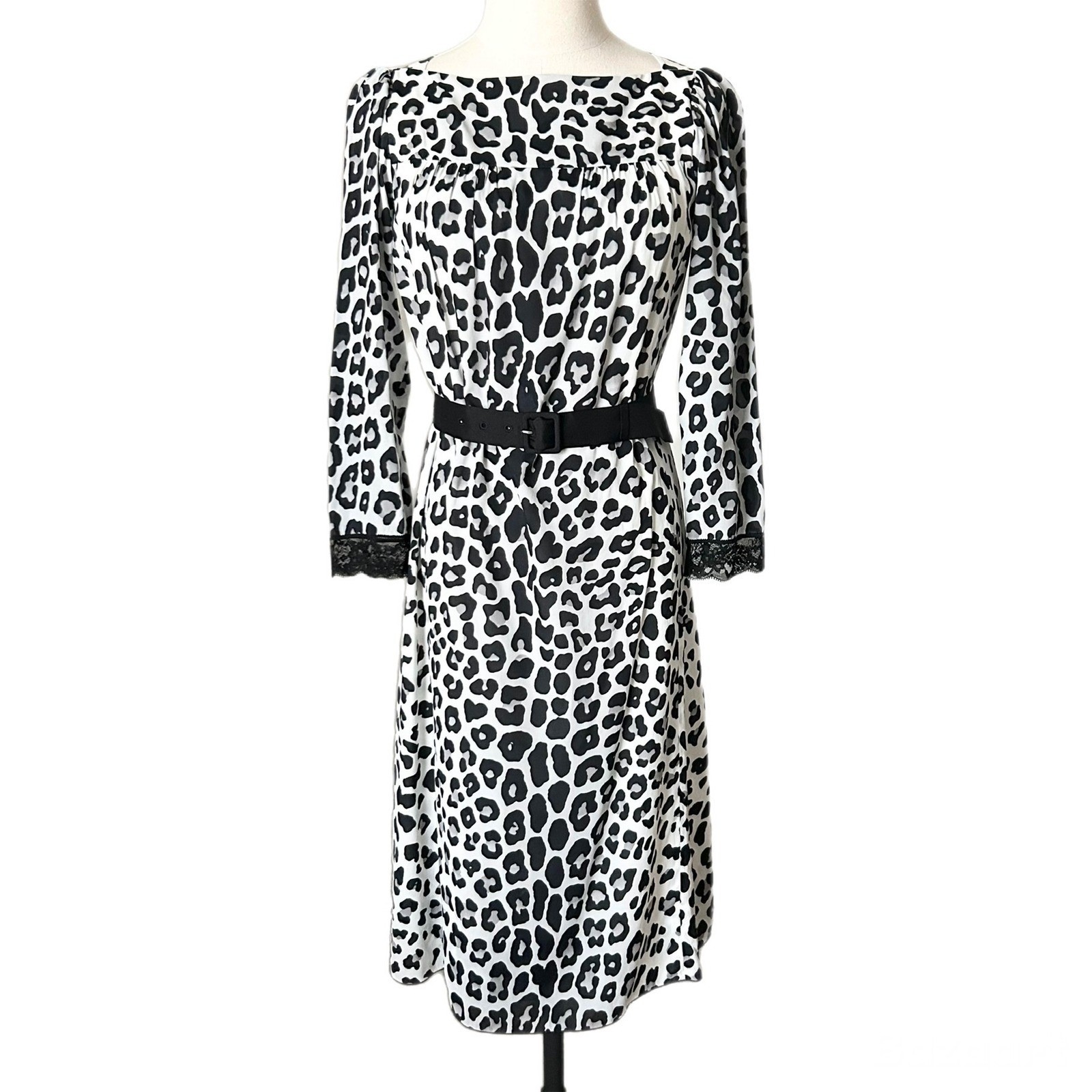 Marc Jacobs Leopard Print Belted Midi Dress Black White Silk Lined Size 0