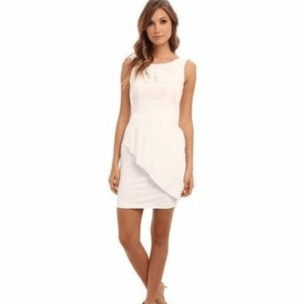 BCBGMaxAzria Siri Off White Tiered Ruffled Draped Sheath Jersey Dress
