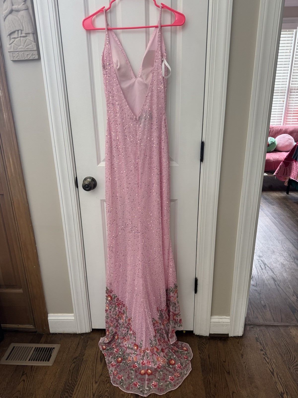 Primavera Couture Beaded Sequence Prom Gown Heavy Beading Pink Formal Slit