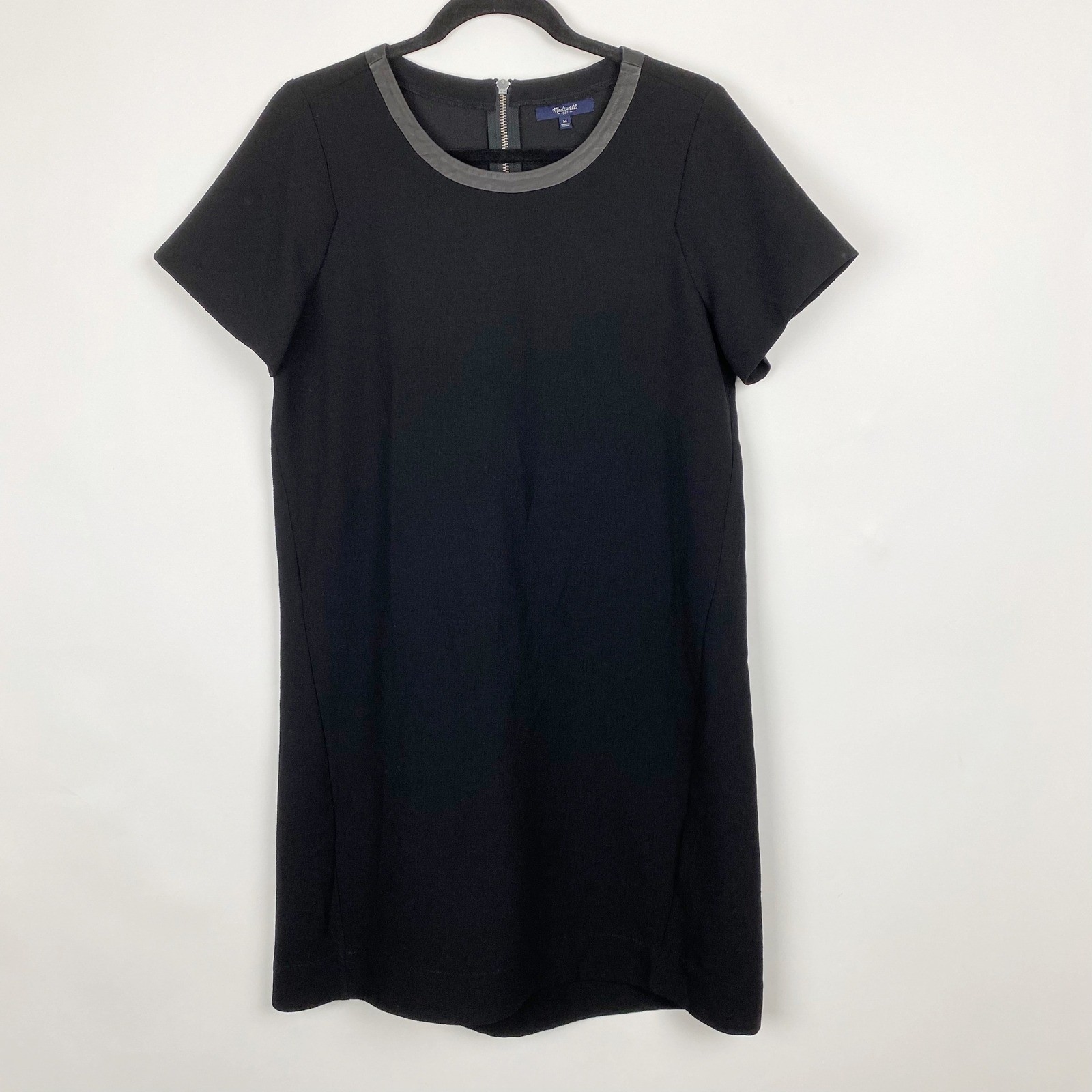 Madewell Leather Trim Crepe Inverted Pleat Shift Dress Womens M Black