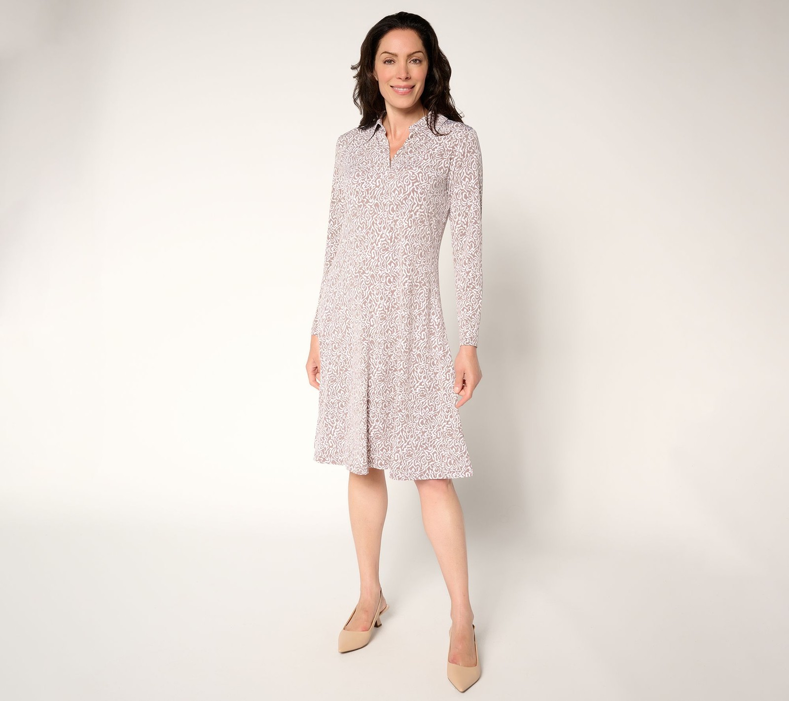 Susan Graver Petite Printed Liquid Knit Collared Midi Dress Taupe/Ivory XS New
