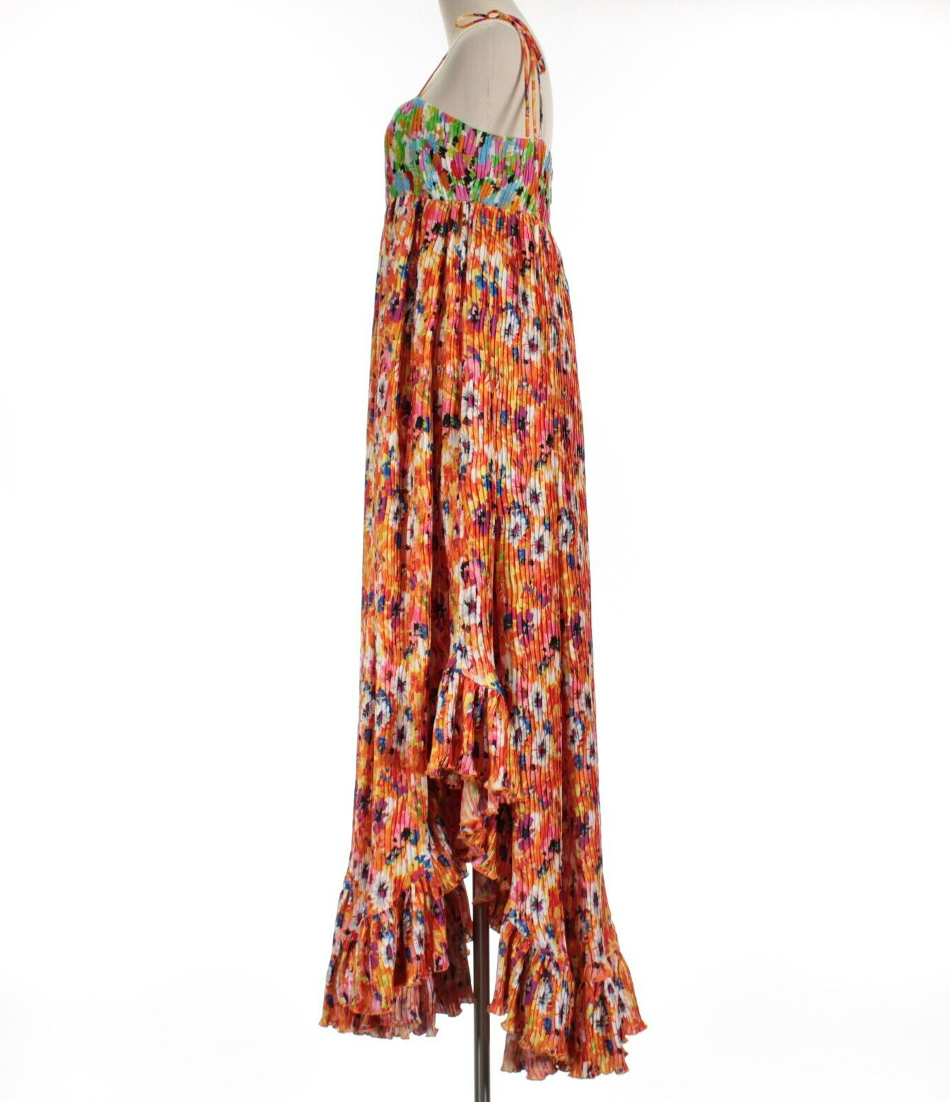 MSGM NWT Floral Pleated Ruffle Maxi Dress Size 42 US 8 in Orange/Multicolor