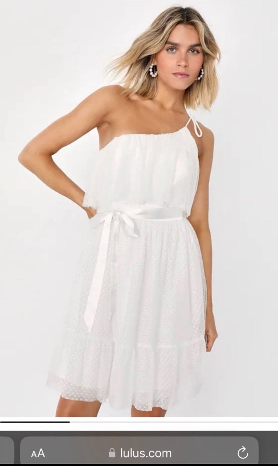 Lulus White Swiss Dot One-Shoulder Ruffle Mini Dress with Tie Strap