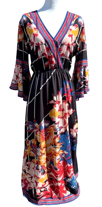 Flying Tomato Maxi Dress Womens Medium Black Floral Bell Sleeve Travel Boho