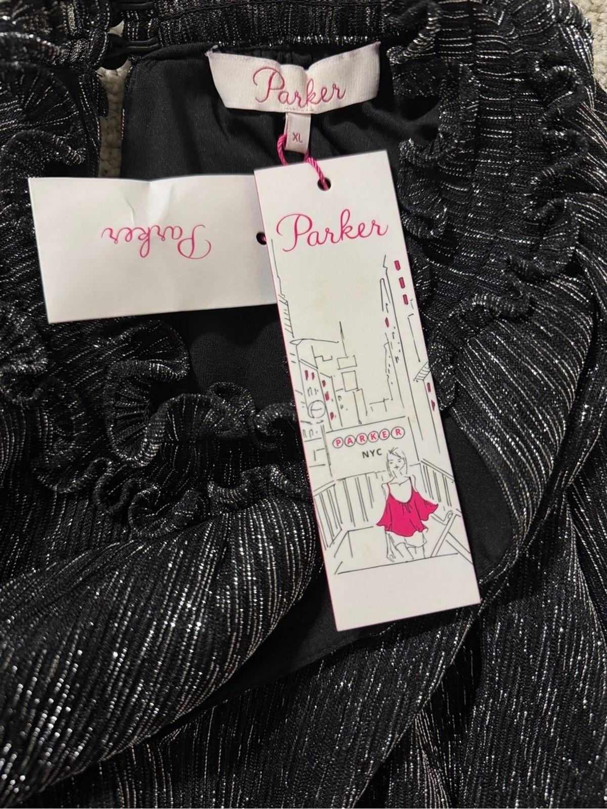 Parker New York Metallic Pleated br Ruffle Mini Dress Black Silver Size XL NWT